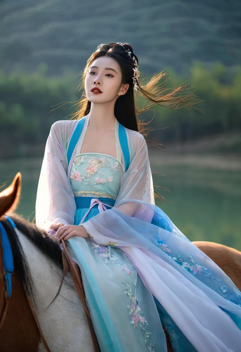 A lovely Chinese female model aged 20,Cinematic Lighting,(a girl having cowgirl sex riding a penis into her pussy:1.2),hanfu