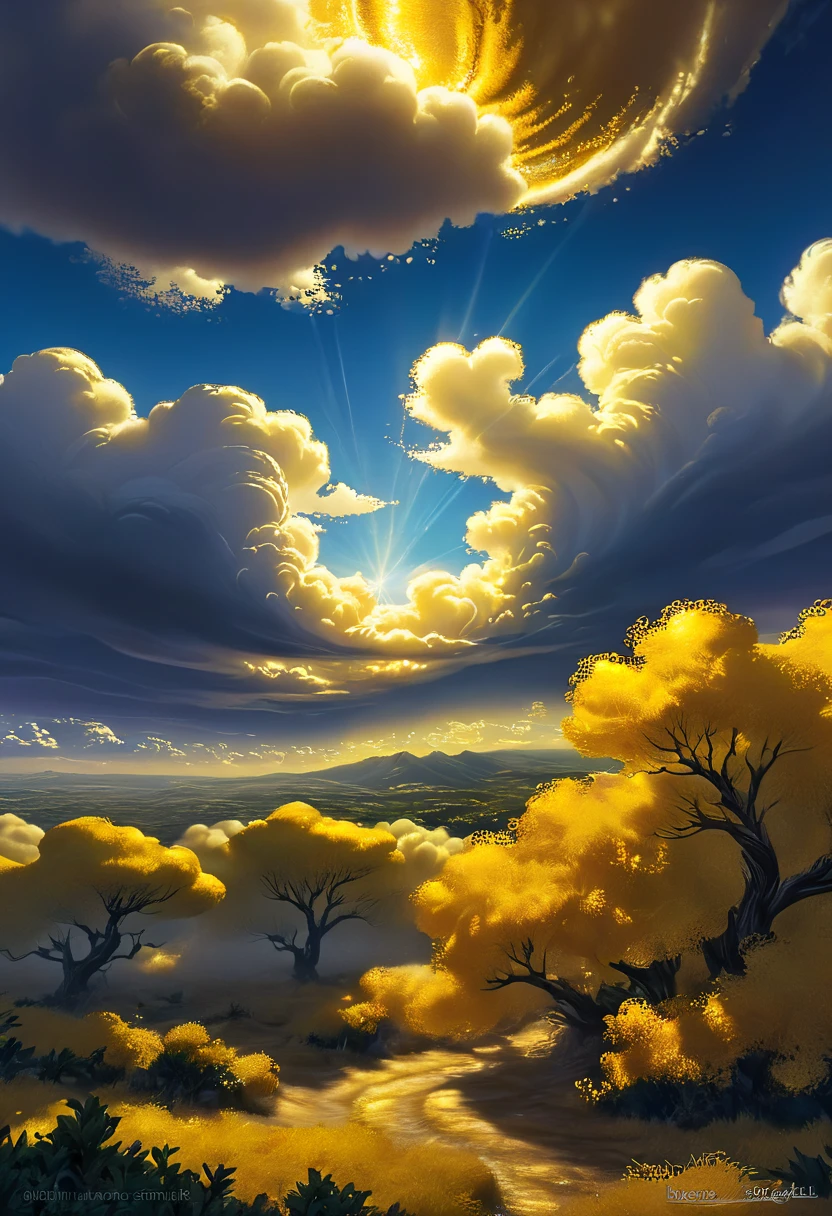 ((Arte en pan de oro:1.5)), (obra maestra),(Mejor calidad:1.0), (ultra high resolution:1.0), detailed illustration, intrincado, paisaje detallado, vibrante colors, atardecer, nubes, (( magical, Hermoso, de otro mundo, Trees all in gold:1.4 )), (( Mejor calidad, vibrante, 32k ,luz y sombras bien definidas)).