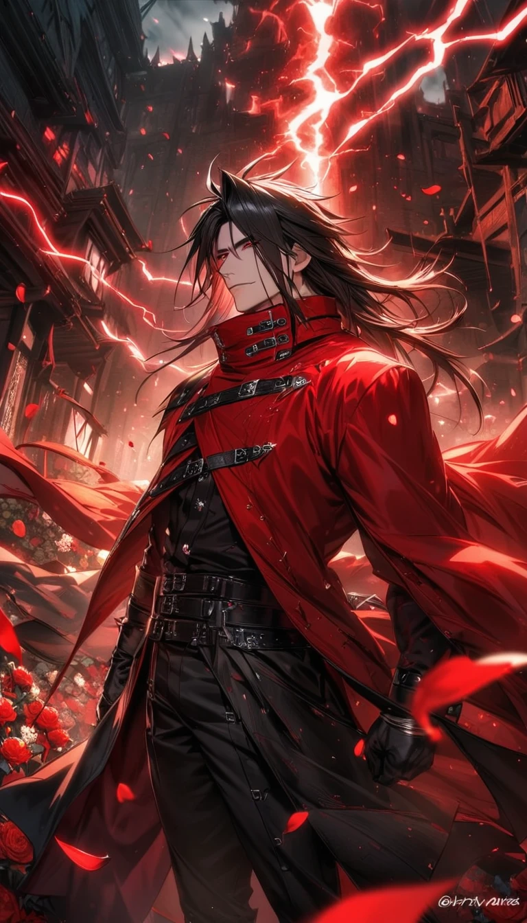 Ultra detailed, highres, absurdres, HDR, Vincent Valentine, black hair, red eyes, Final Fantasy VII Dirge Of Cerberus, extremely handsome, 1 man only, flowers and petals, red lightning