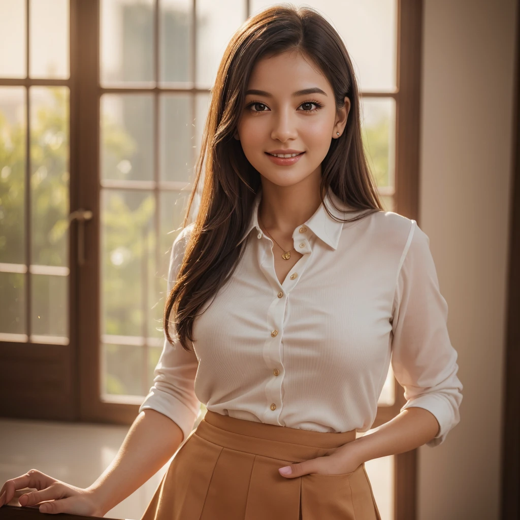 (best quality,4k,realistic:1.37),ultra-detailed,soft lighting,professional,sharp focus,portrait,vivid colors,A cute woman substitute teacher with a shy expression, beautiful detailed eyes, and a gentle smile, wearing a tight blouse and a mini skirt that accentuates her curves. Her outfit shows off her youthful charm. The details of her face are artistically rendered to capture her beauty and express her tender personality. The soft lighting enhances her features and adds depth to the portrait. The colors are vibrant and lively, reflecting her energy and enthusiasm.