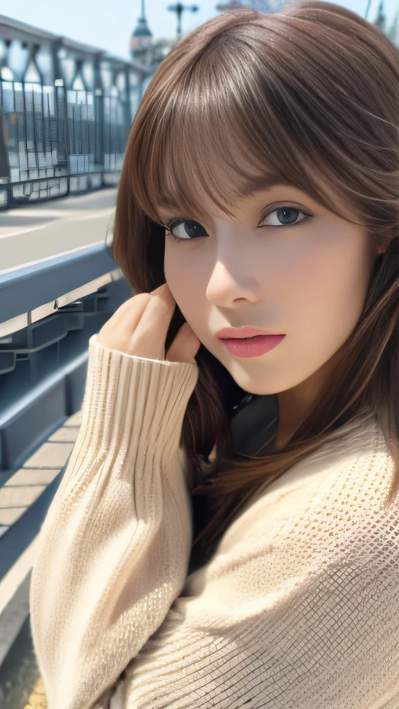 Best quality, 8k,  ,Masterpiece :1.3)), facing viewer,((full body1.2)) ,pretty woman, wide shot ,1girl, , selfie   , ,,  Bridge  , brown hair  , bangs,ultra-detailed face, highly detailed lips, detailed eyes, double eyelid