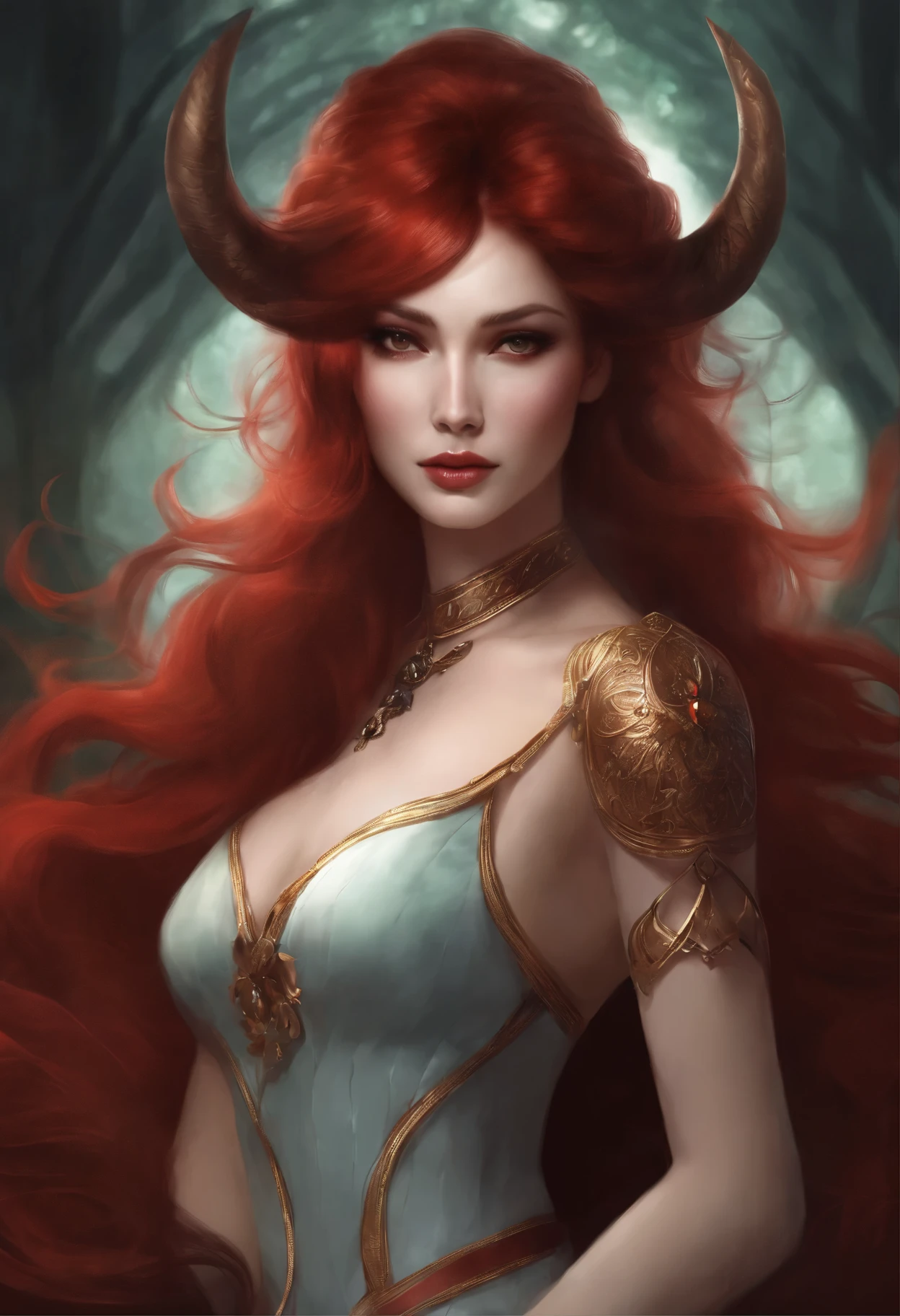 Create an image of a character named Vermillion with the following details:

- Appearance: Minerva has an enigmatic but playful and teasing presence. She possesses a unique blend of strength and mystery.
- Eyes: Her eyes are deep pools of emeralds.
- Hair: Her hair is a rich shade of crimson, cascading in graceful waves around her. It contrasts vividly with her pale skin, adding warmth to her overall appearance. Twin pitch black demon horns sprout from the back of her head and point upwards.
- Ethnicity: She has an American/Asian-inspired appearance, featuring delicately sculpted features that convey an otherworldly and mysterious beauty.
- Outfit: Vermillion wears a tight brown T-Shirt, and tight blue jeans that hug her curves.
- Note: Vermillion is an ethereal spirit and does not completely inhabit the physical realm.

Please create an image that captures Vermillion's essence and embodying her unique appearance. The image should reflect her enigmatic and powerful persona, but also have her give a teasing smile; highlighting her eyes, hair, and the interplay of colors between the black, red, and brown elements.