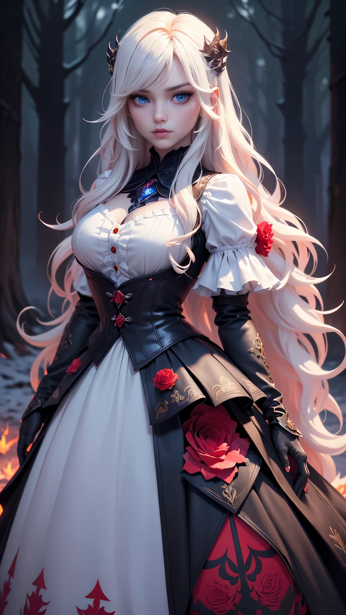 score_9, score_8_up, score_7_up, score_6_up, rating_explicit, 1girl, ((18YO:1.2)), Adult, full lips, big clear eyes, light blue eyes, ((blond hair:1)), (long wavy hair: 1.2),mad-wsps,made of mad-wsps,Painting,Color splash,highly detailed,Tempting ("The 22yo of Dreams":1.3),(art by Tatsuyuki Tanaka:1.4) ,(cabello white canoso largo :1.4), (Detalles de la cara: 1.5, ojos azules brillantes, hermoso rostro, ojos bonitos, Contorno del iris, labios delgados: 1.5, Thin, sharp pale eyebrows, Long, dark eyelashes, double tabs),Surprising,Muted Colors,Decals,(Floral motives:1.4) ,asymmetrical,(manos perfectas detailed : 1.5),(guantes negros), (Friarmoody lighting,Sharp and in focus,8k, Visual novel,Moody lighting, Brilliant Lighting, D&D Style Portrait, (((masterpiece))) , (((best quality))) , hyper detailed),soft lighting,HDR,Ilford HP5+ 400,Depth of field 270mm,adobe lightroom,Full Body,Fire and Ice,Ruby Red Rose,Red Mode,Insane Quality,Color Splash,,DonMW15pXL, VP, (dynamic cowboy pose),( fondo bosque encantado tenebroso rojo sangre flores :1.4), (colores brillantes), (UHD 8K), (realistic V2.1)