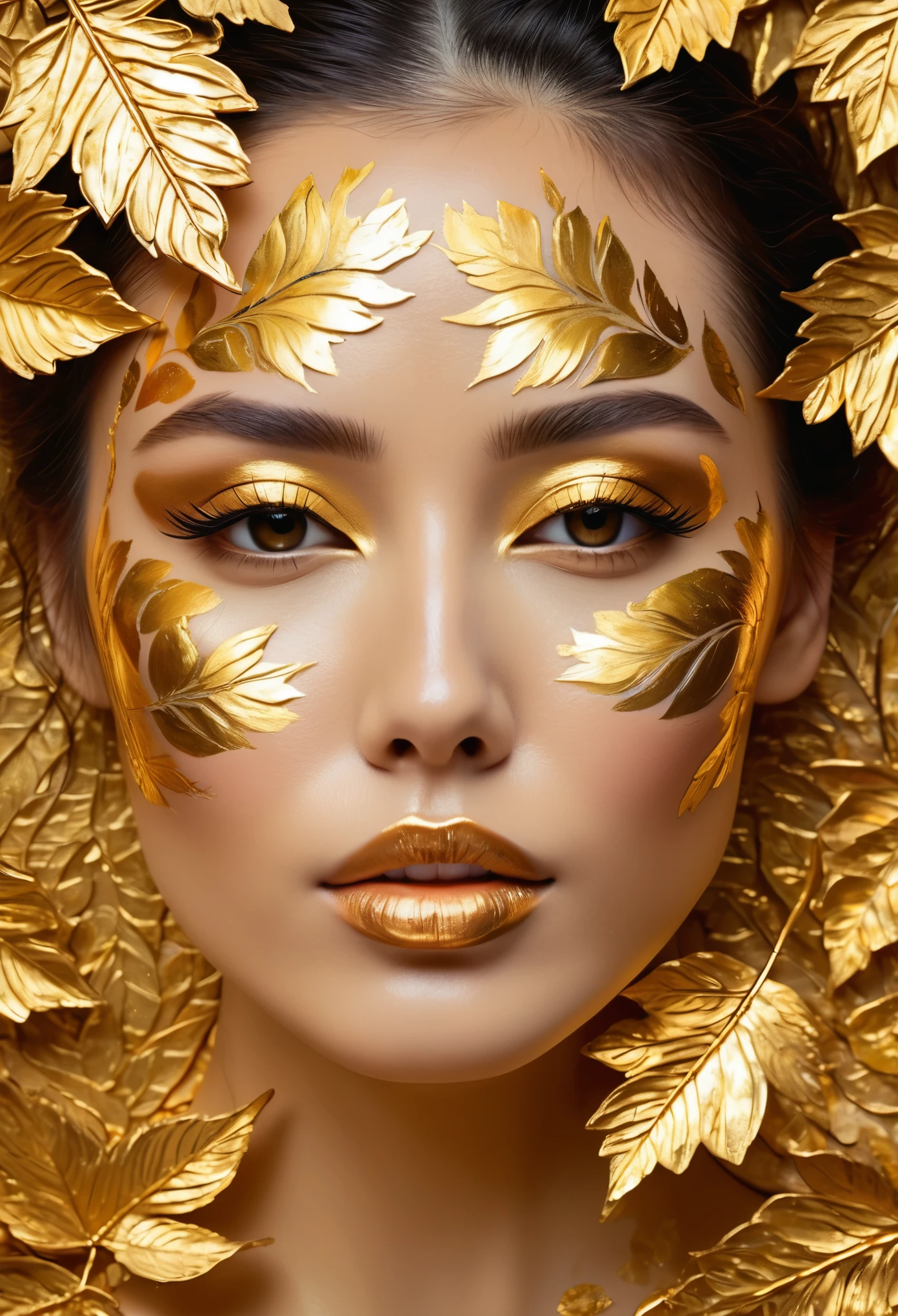 A beautiful woman's face made of gold leaf, intricately painted with the texture and detail reminiscent of an oil painting. The background is adorned with delicate golden leaves that enhance her features, creating a mesmerizing visual masterpiece., focus on facial expression