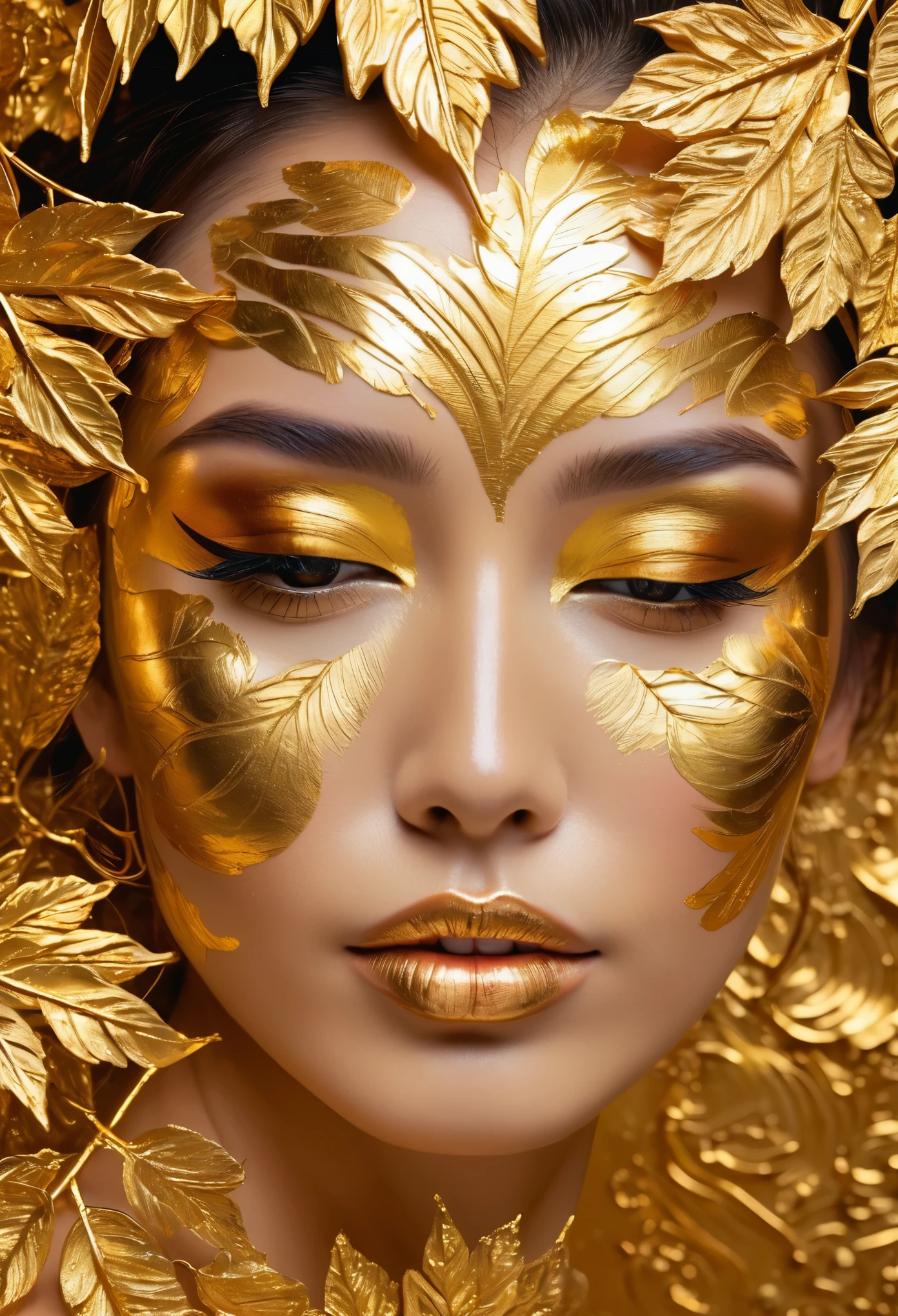 A beautiful woman's face made of gold leaf, intricately painted with the texture and detail reminiscent of an oil painting. The background is adorned with delicate golden leaves that enhance her features, creating a mesmerizing visual masterpiece., focus on facial expression