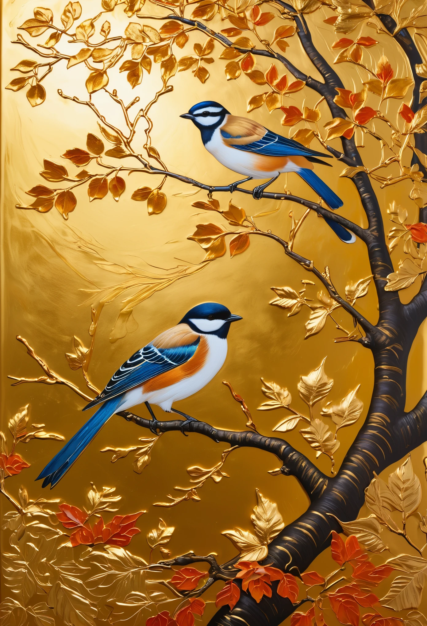 The painting depicts two birds perched on the branches of an autumn tree, surrounded by golden leaves. The background is adorned with gold leaf accents that add depth and texture to the artwork. Gold paint highlights various elements in the scene, such as flowers or foliage, creating a sense of elegance and luxury. This piece symbolizes fall's beauty and its endless possibilities. The painting style is in the style of with a gold foil technique, autumn theme, and detailed depiction of flora and fauna to create a luxurious feel.