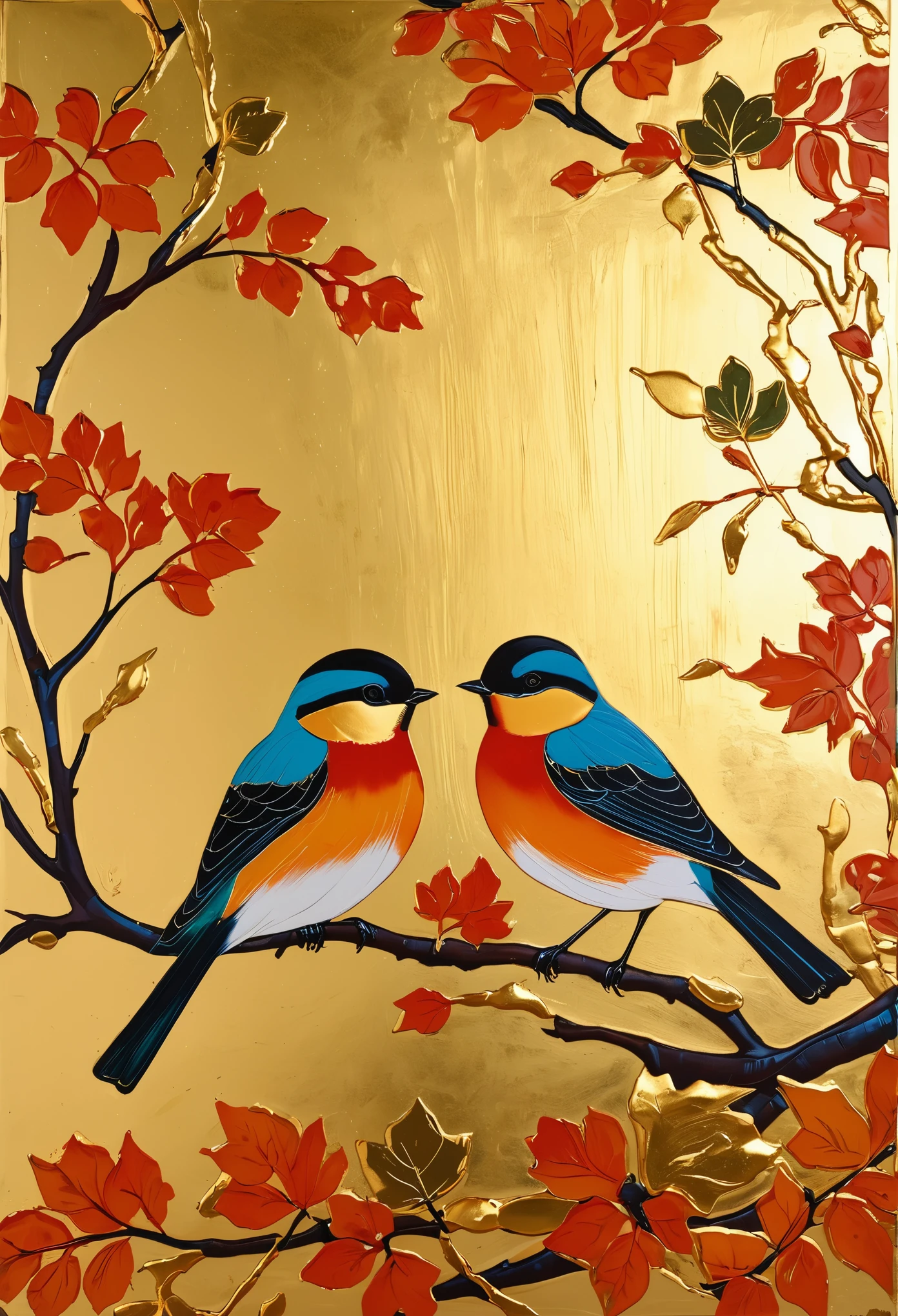 A painting of two birds on the branches, leaves and gold foil in different sizes, painted in the style of Jean Maris, autumn themed. 