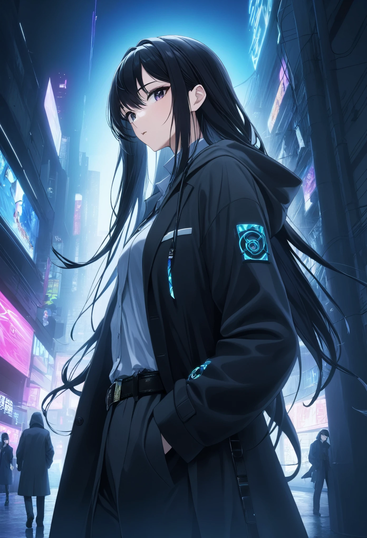 cyber punk、business shirt、belt、hooded coat、have a gun, long hair, Dark hair, Neon-colored black hair, anime style,, Modern anime style, CG Shading, Semi-realistic CG anime style, CGanime styleに, CG movie-style characters, CG movie-style rendering