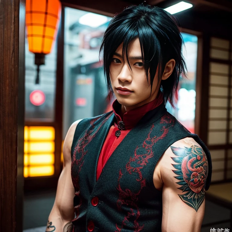 1 man, Japanese man, male, Asian eyes, muscular, broad shoulders, dragon tattoos, hairstyle Visual Kei style, hair Visual Kei, outfit VisualKai, ultra detailed face and eyes, hyperrealistic, realistic representation, shoulder length hair, 30 years old, age 30 years