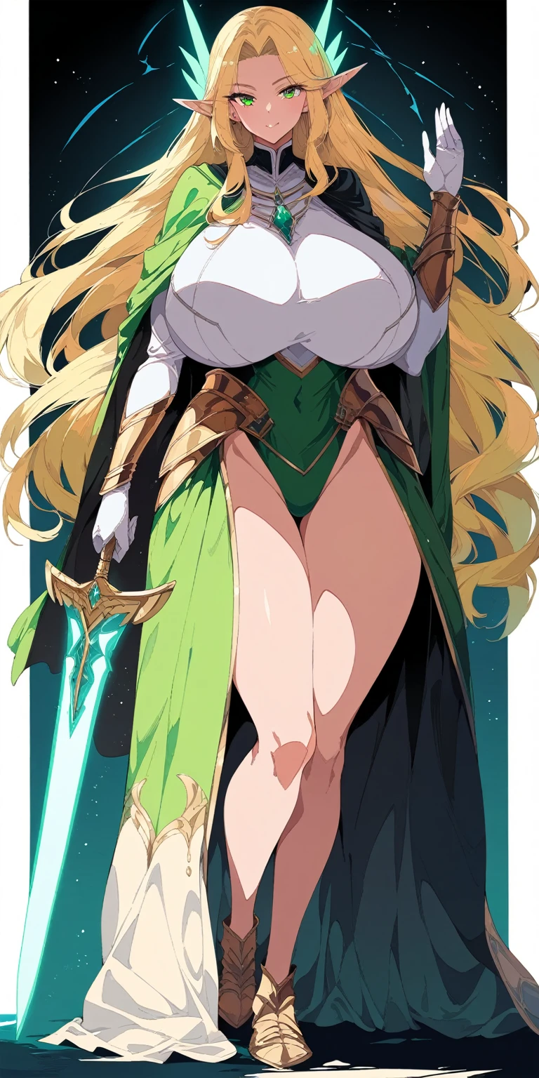 masterpiece, bestquality, ultra-detailed, 

flat design, ligne claire, photorealistic, 
cinematic lighting, 
depth of field, 
flat angle of view,
eye level shot, 

1girl,

(fullbody),
front view,
looking at viewer, 

A female elf warrior, named Eliana Skywalker, age 24, with long wavy golden hair and shining emerald green eyes. She stands at 170cm with a slender muscular build, her ears are pointed, characteristic of her race. She is the Hero and Guardian of Light, brave, just, and compassionate. She speaks calmly and gracefully, using polite language. Her interests include studying ancient history and practicing swordsmanship. She is attracted to those with a strong will. Her costume consists of armor that seems to glow with light, adorned with a blue and gold cloak. She carries a magical sword and wears a pendant that is an ancient artifact. Her background is that of being chosen as the Guardian of Light in a world where dark forces have awakened, embarking on a journey to reclaim a lost kingdom and maintain peace.,
gigantic breasts, Clothes that are completely stuck to the chest, impossible clothes, pawg,
(standing pose),

(white background),