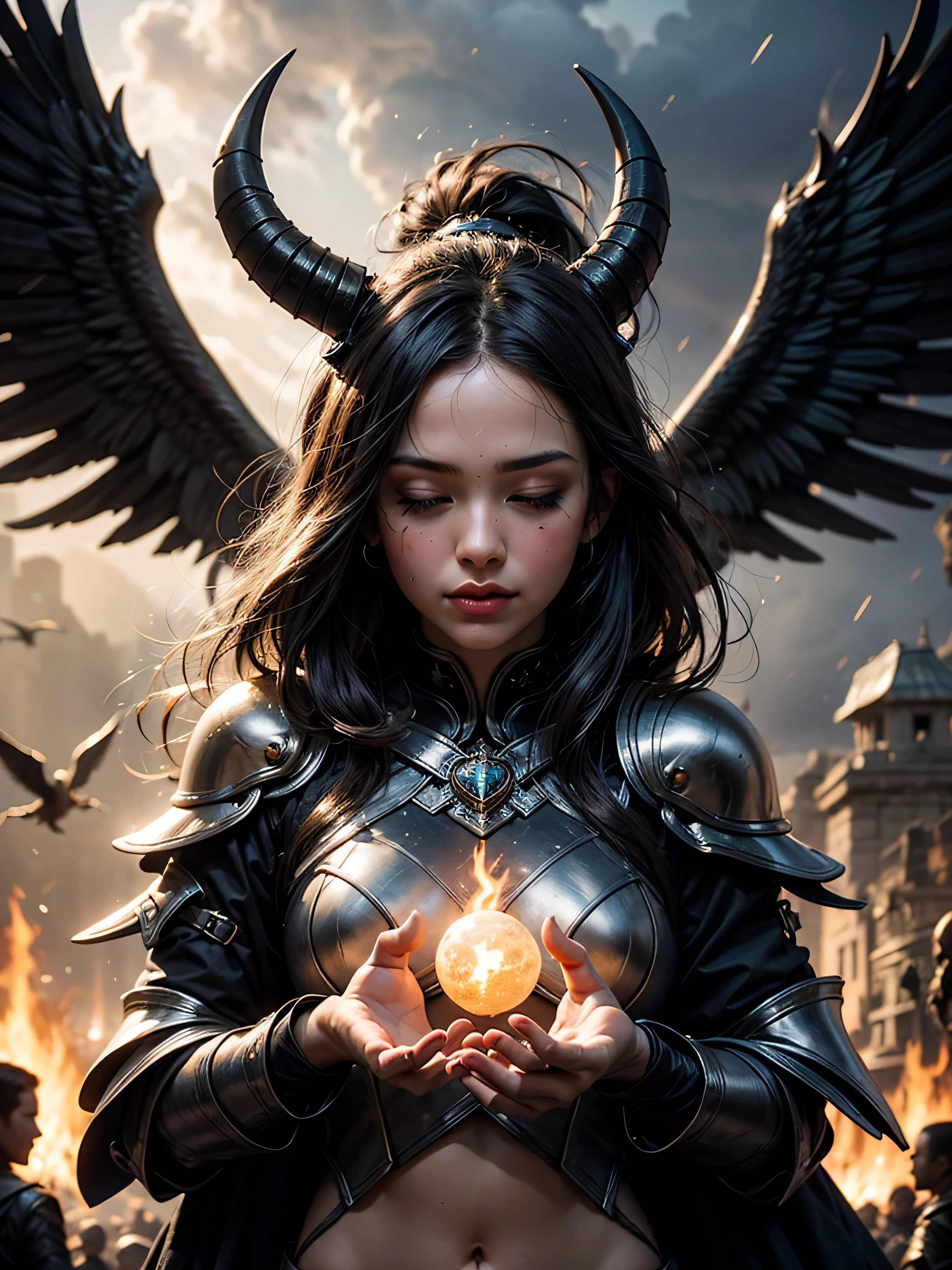 teenage girl, full plate armor, sweaty hair, Ancient battlefields, big breasts, Ram horns growing from her head, sharp background, explosion effect on background, movie lighting effects, Join hands, Burning castle in the background, countless flames in the background, sparkling eyes, Casting spells, Close eyes, Ball of light on abdomen, A ball of light in front of the stomach, tilt one&#39;s face, blue flame, pillar of light, anatomically correct hand, Join hands in front of your face, flying in the sky, Jet black wings grow, highly detailed face, Beautiful and well-proportioned face, beautiful skin, Flying, Supermodel proportions, , Rainy nights, Cast a spell, witch, separate armor, Lightning is falling, beautiful hair, elvish ears, tails