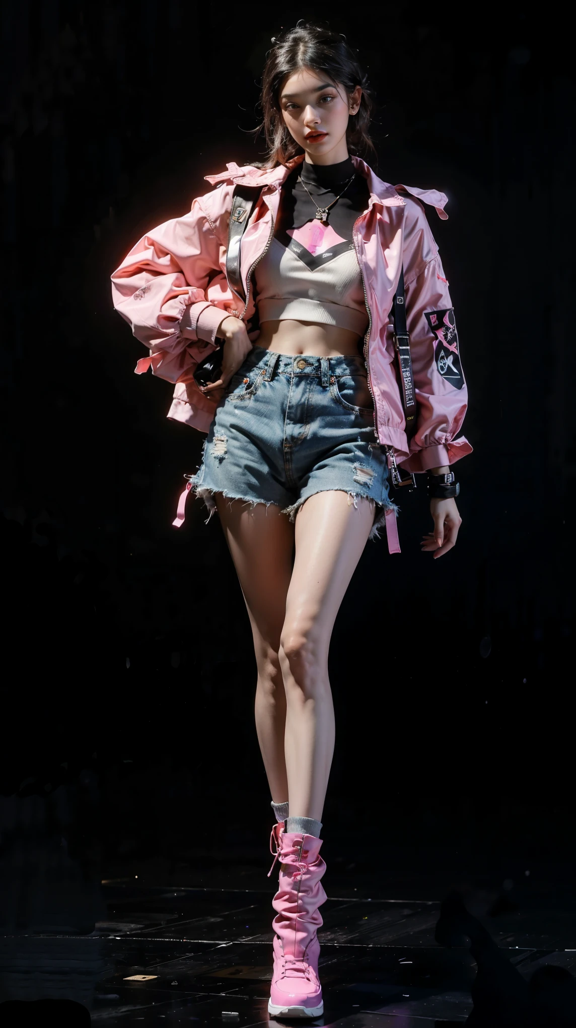 (best quality,4k,8k,highres,masterpiece:1.2), ultra-detailed,(realistic,photorealistic,photo-realistic:1.4), 1 female, age 23. Known for her love of high-end fashion and vibrant nightlife, Lily embodies the role of a modern, young, and affluent Asian-American girl. Her body language is as outgoing and confident as her personality, always exuding a vibrant energy. She's wearing a neon-colored, mesh crop top that glows under black light, paired with a matching micro-skirt or shorts. This is paired with stockings or thigh-high boots with neon or LED details, adding a futuristic touch to the outfit. Her look is enhanced with a chunky, neon-colored choker and matching bracelets, both glowing under black light. She also wears multiple glow stick bracelets and necklaces, adding a playful touch and serving as handy light sources. A pair of oversized, reflective or diffraction glasses protect her eyes from light shows and add a cool visual effect. For warmth, she wears a faux fur jacket or vest, ideally in a bright or neon color to match the rest of the outfit. She carries her essentials in a small, holographic backpack or fanny pack, adding a shiny, eye-catching element to the outfit. With multiple ear piercings and visible tattoos, she carries her ensemble with an air of unapologetic confidence. ((intricate detail)), super finely detailed hands, ultra finely detailed fingers((ten fingers)), (standing confidently), (full body showcase), (show full body), (no logos on background).