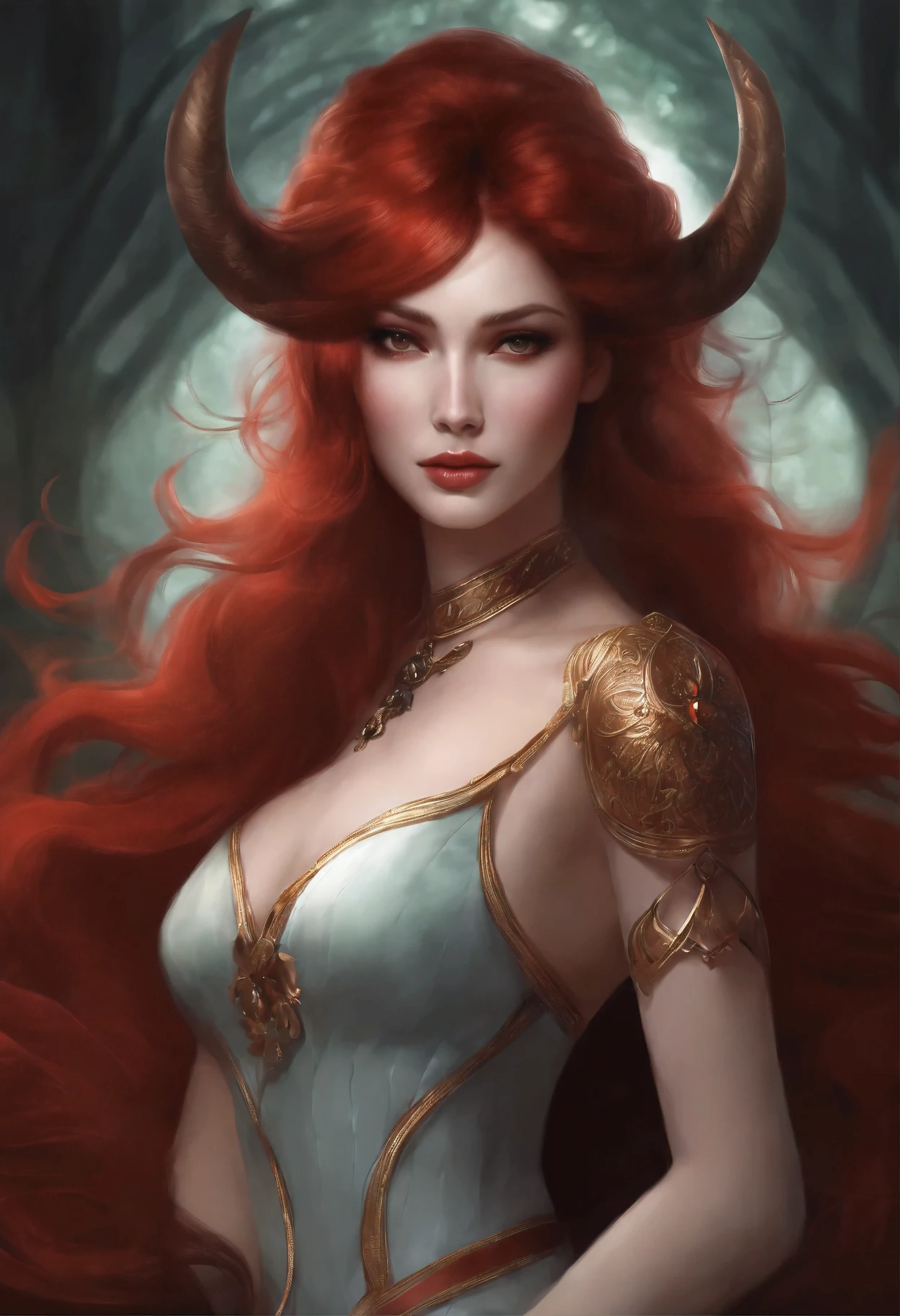 Create an image of a character named Vermillion with the following details:
- Appearance: Minerva has an enigmatic but playful and teasing presence. She possesses a unique blend of strength and mystery.
- Eyes: Her eyes are deep pools of emeralds.
- Hair: Her hair is a rich shade of crimson, cascading in graceful waves around her. It contrasts vividly with her pale skin, adding warmth to her overall appearance. Twin pitch black demon horns sprout from the back of her head and point upwards.
- Ethnicity: She has an American/Asian-inspired appearance, featuring delicately sculpted features that convey an otherworldly and mysterious beauty.
- Outfit: Vermillion wears a tight brown T-Shirt, and tight blue jeans that hug her curves.
- Note: Vermillion is an ethereal spirit and does not completely inhabit the physical realm.
Please create an image that captures Vermillion's essence and embodying her unique appearance. The image should reflect her enigmatic and powerful persona, but also have her give a teasing smile; highlighting her eyes, hair, and the interplay of colors between the black, red, and brown elements.