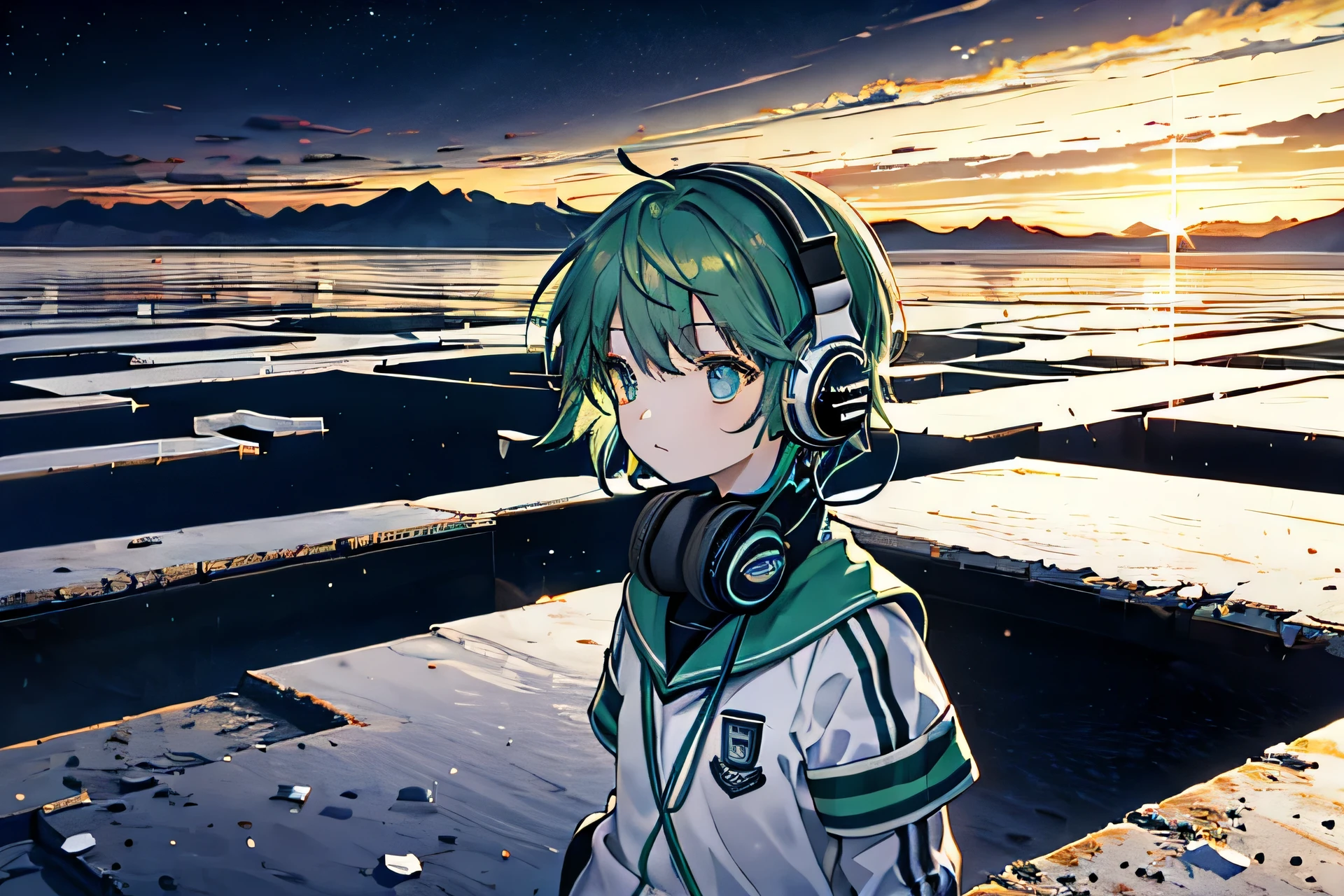 Green hair, alone, girl, , Uyuni Salt Flats, midnight, wearing headphones