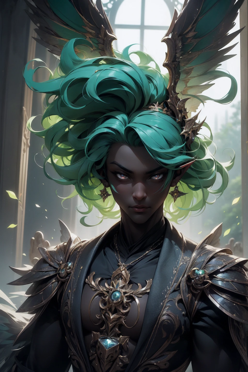 (Absurd, high quality, ultra -compared, careful with the hand) fairy, fairy wings, dreamer body, vivid, romantic and all. Optimistic face, just lies, without entry and intellectual. Reckless style, cold heart, impatient and too confident. Gray eyes, ripe and dark (eyes of the eyes), enchanted fairy (pixie) . medium curly hair, green hair. In the carnival row illustration, flying, dancing lithgly, upper body, black skin (black skin)