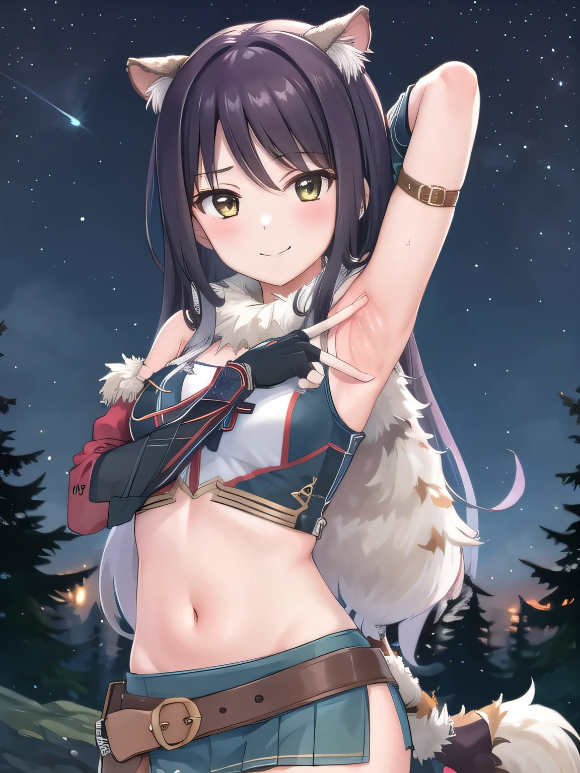 1girl, long hair,  thighhighs, midriff, skirt, crop top, quiver, bare shoulders, thighhighs under boots, bangs, gloves, belt, navel, breasts, fur trim, vambraces, miniskirt, fingerless gloves, blush, Shiori,  solo, night sky, forest, arms behind head, contrapposto, spread armpits, closed mouth, smile, upper body,