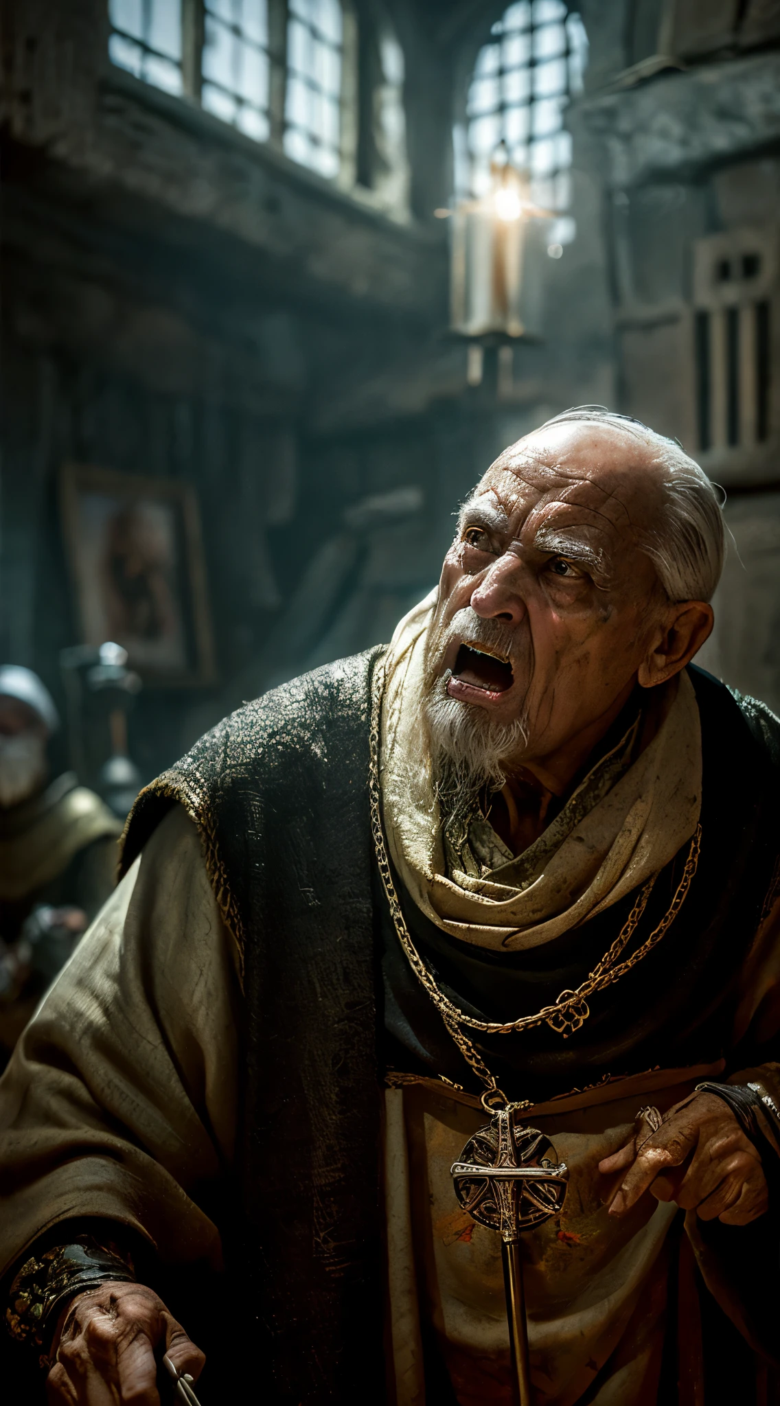 Style by Style Style-Crypt Award Winner、Spectacular oil painting depicting an elderly man medieval peasant, (expression of anger:1.2), 邪evilな, evil, (Backlight:1.3), digital painting, コンセプトart, Smooth, sharp focus, Rule of thirds, dark fantasy,intricate details, art:Alexis Briclot, medium shot, (shallow depth of field:1.3)