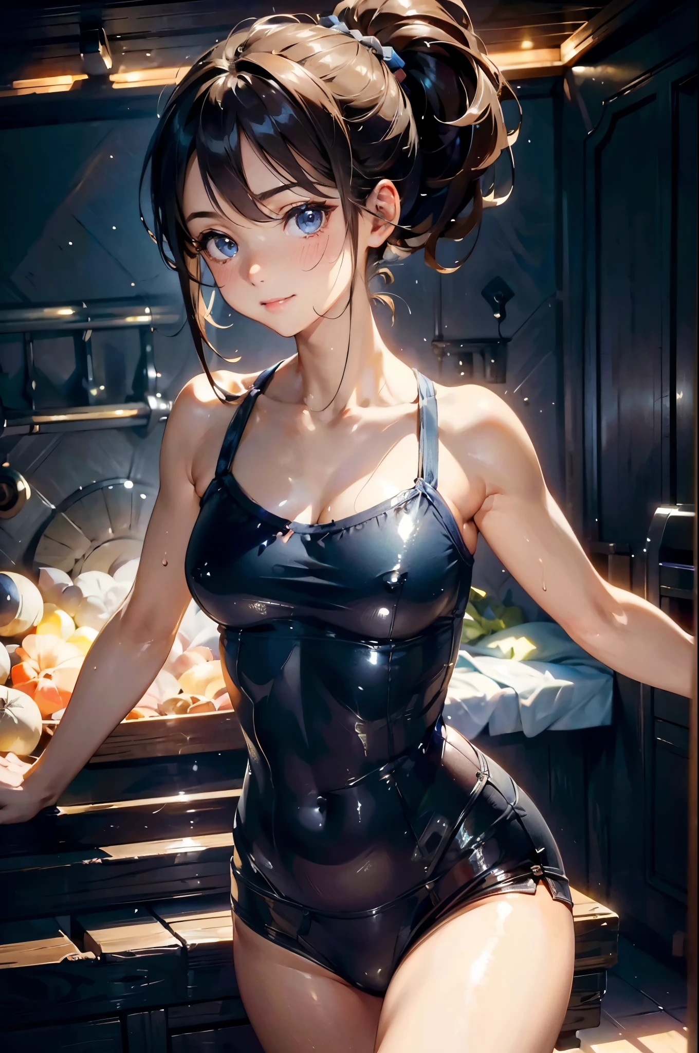 (masterpiece:1.2, best quality, ultra high resolution, super detailed), (actual, photoactual:1.4), Beautiful illustration, (natural side lighting, movie lighting), Depth of writing boundaries, Delicate fabric texture,
looking at the audience, Half-length photo, 1 girl, high school girls, perfect face, (perfect anatomy), cute symmetrical face, baby face, shiny skin, tanned skin,
(Zhongfa:1.5, ponytail:1.4, messy hair, brown hair), hair between eyes, dark blue eyes, big deal, droopy eyes, long eyelashes, (medium breasts:1.1),
beautiful hair, pretty face, Detailed and beautiful eyes, Beautiful collarbone, Beautiful body, beautiful , Beautiful thighs, beautiful feet, beautiful fingers,
(Delicate fabric texture, Navy Truck:1.2, abdomen:1.1),
(Beautiful scenery), summer, night, (Athletic field) (running form:1.3), (Smile), ((巨big deal山雀))