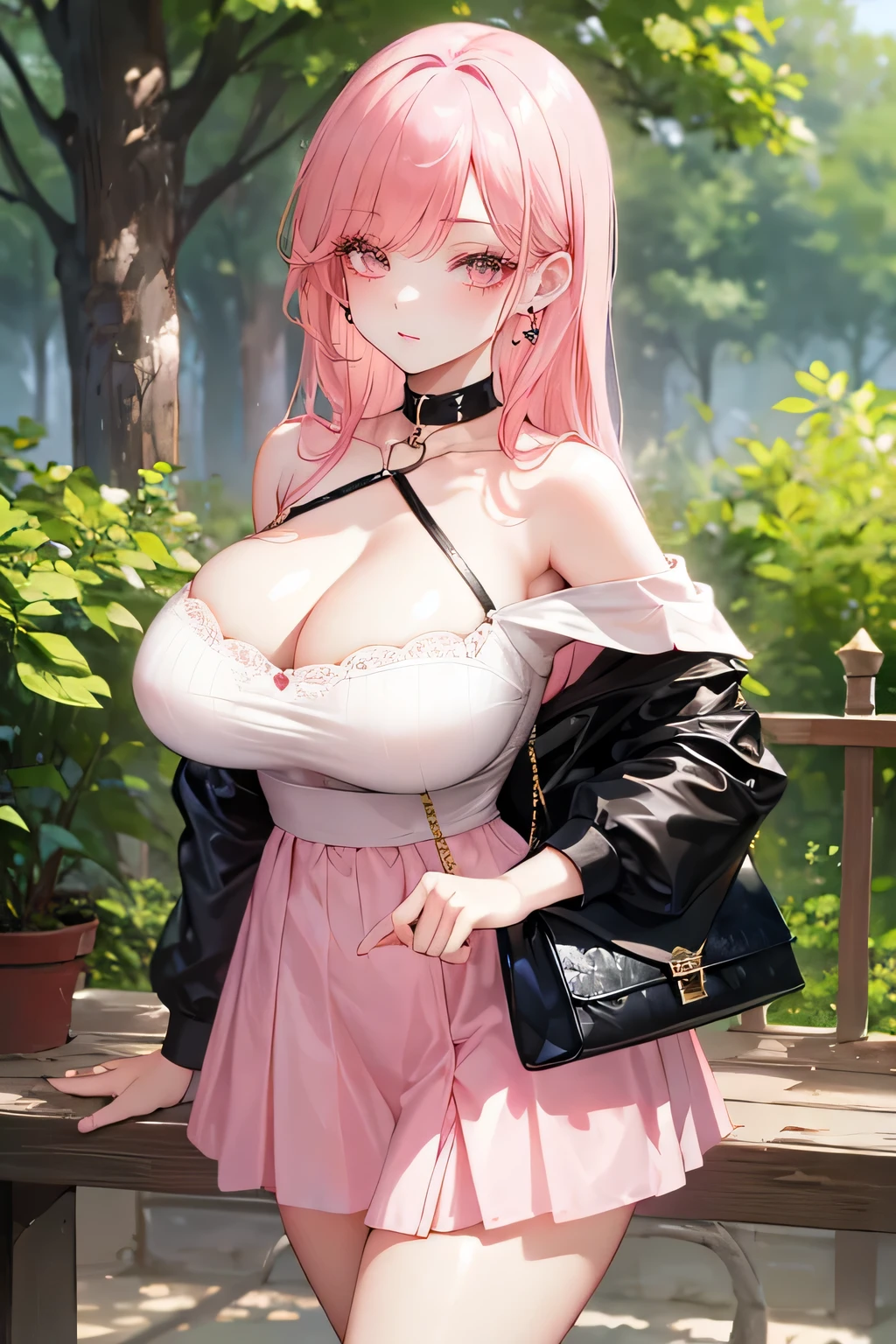 (masterpiece:1.2), highest quality, (highly detailed face:1.4), (highly detailed eyelashes:1.6), highly detailed eye, sharp details, high contrast, (shiny skin), elegant, elegant face, adult women, thick body, sexy body, huge chest, mature womany face, Rebellion, girl, aqua_eye, bag, just_shoulders, blush, chest, cleavage, closed_mouth, clavicle, cowboy_shot, Day, dress, earrings, jewelry, length_hair, off_shoulder, outdoor, pink_dress, pink_skirt, alone, Are standing, wood, pink hair, pink eye, lower your arms, Hand Down, big chest, big oppai, adult, mature woman, mature