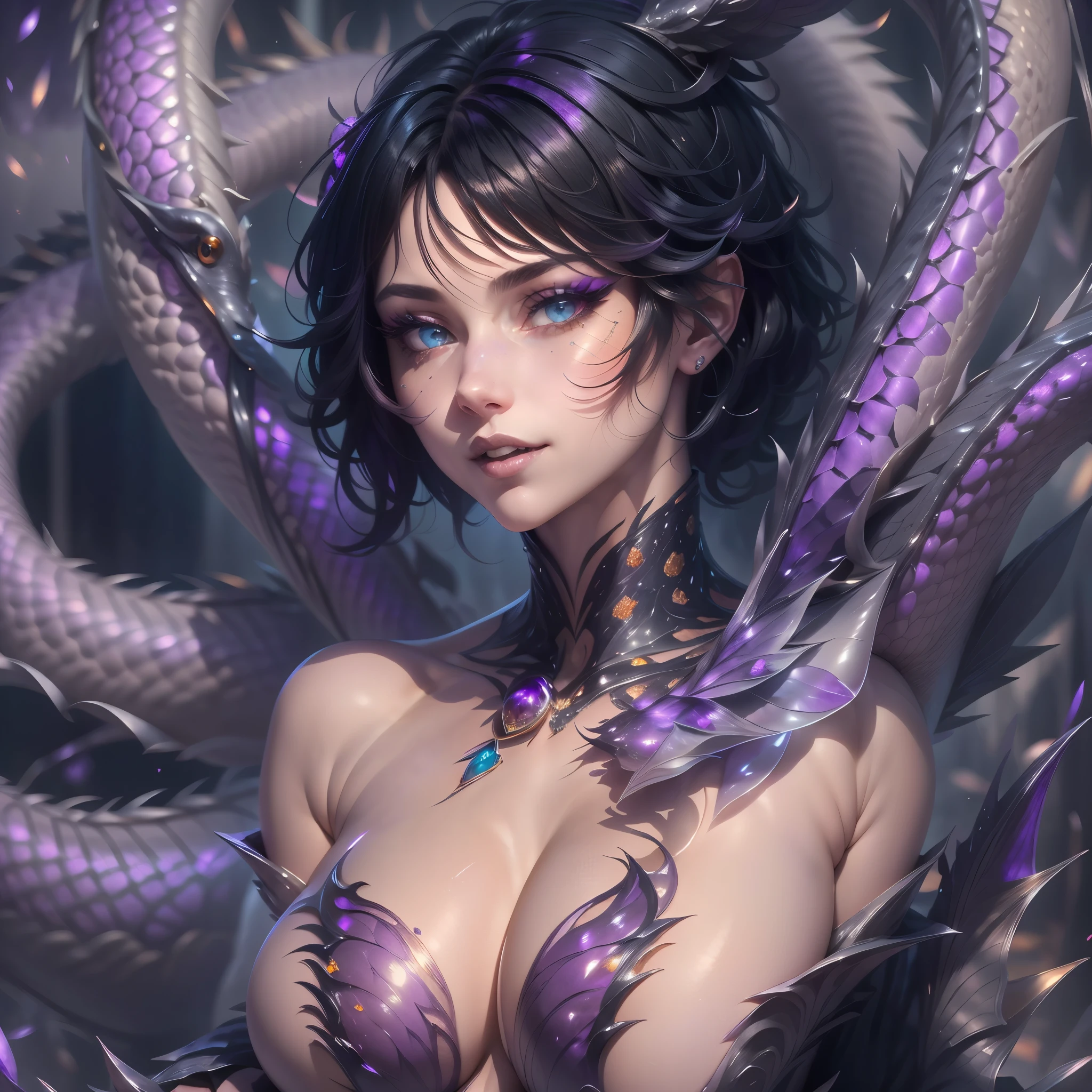 (best quality,4k,8k,highres,masterpiece:1.2, portrait), ultra-detailed, realistic, naked sexy dragon woman with violet glittering scales, skin is glittering amethyst purple scales, medium length black hair with white highlights, very playful but mischievous smile, huge tits, gigantic breasts, naked, nude, detailed crotch, detailed vulva, sexy pose, spread legs, playful, bi-coloured eyes, heterochromia, lustful