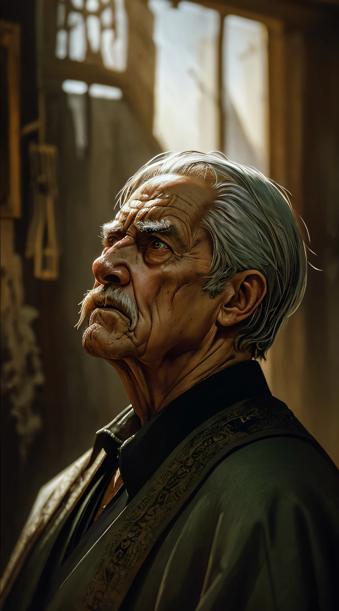 Style by Style Style-Crypt Award Winner、Spectacular oil painting depicting an elderly man medieval peasant, (expression of anger:1.2), 邪evilな, evil, (Backlight:1.3), digital painting, コンセプトart, Smooth, sharp focus, Rule of thirds, dark fantasy,intricate details, art:Alexis Briclot, medium shot, (shallow depth of field:1.3)