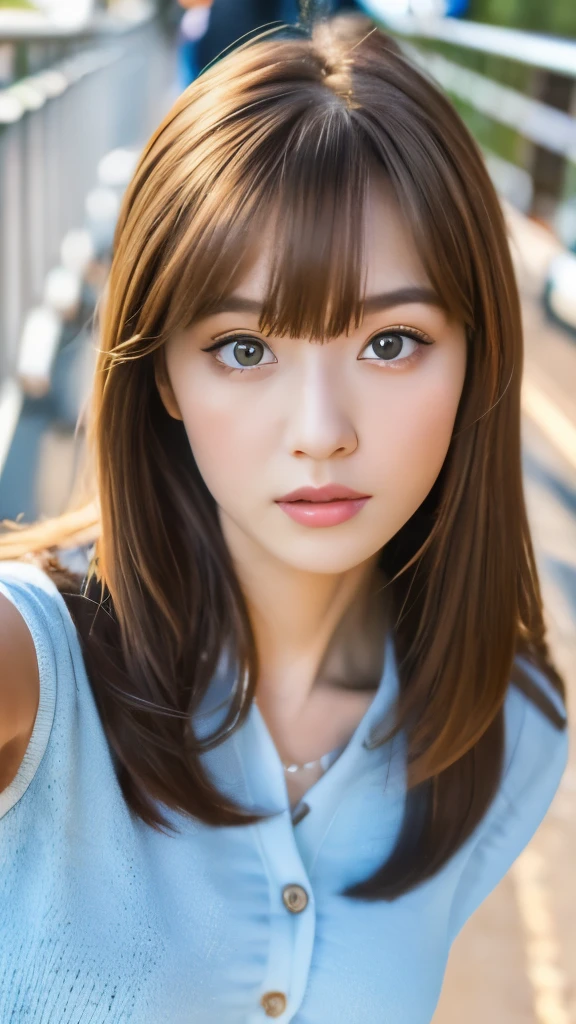 Best quality, 8k, ,Masterpiece :1.3)), facing viewer,((full body1.2)) ,pretty woman, wide shot ,1girl, , selfie , ,, Bridge , brown hair , bangs,ultra-detailed face, highly detailed lips, detailed eyes, double eyelid