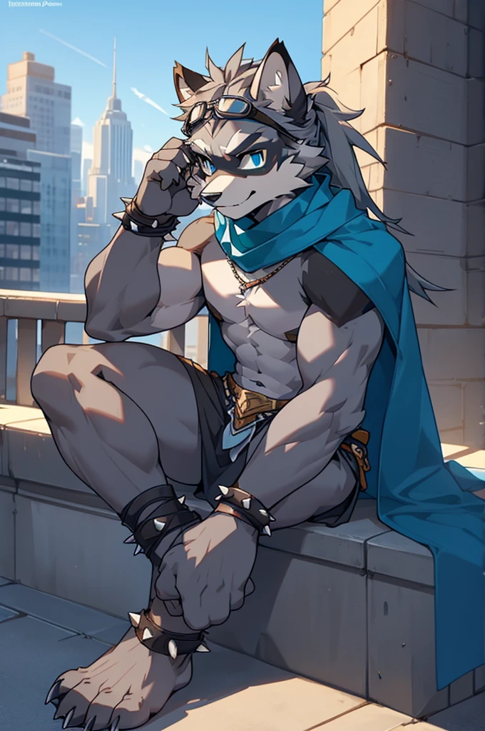 Furry, ager, raccoon, grey hair, long spiked ponytail, Detailed body fur, long blue scarf, Black loincloth, goggles, masterpiece, gray body hair, Detailed face, big eyebrows, blue eyes, detailed eyes, sitting down, Detailed body, No muscles, city skyline, Detailed hands, Flat body, glistening body, Skinny, Claws have three toes, Detailed paws, metal cuffs on wrists, metal cuffs on ankles,