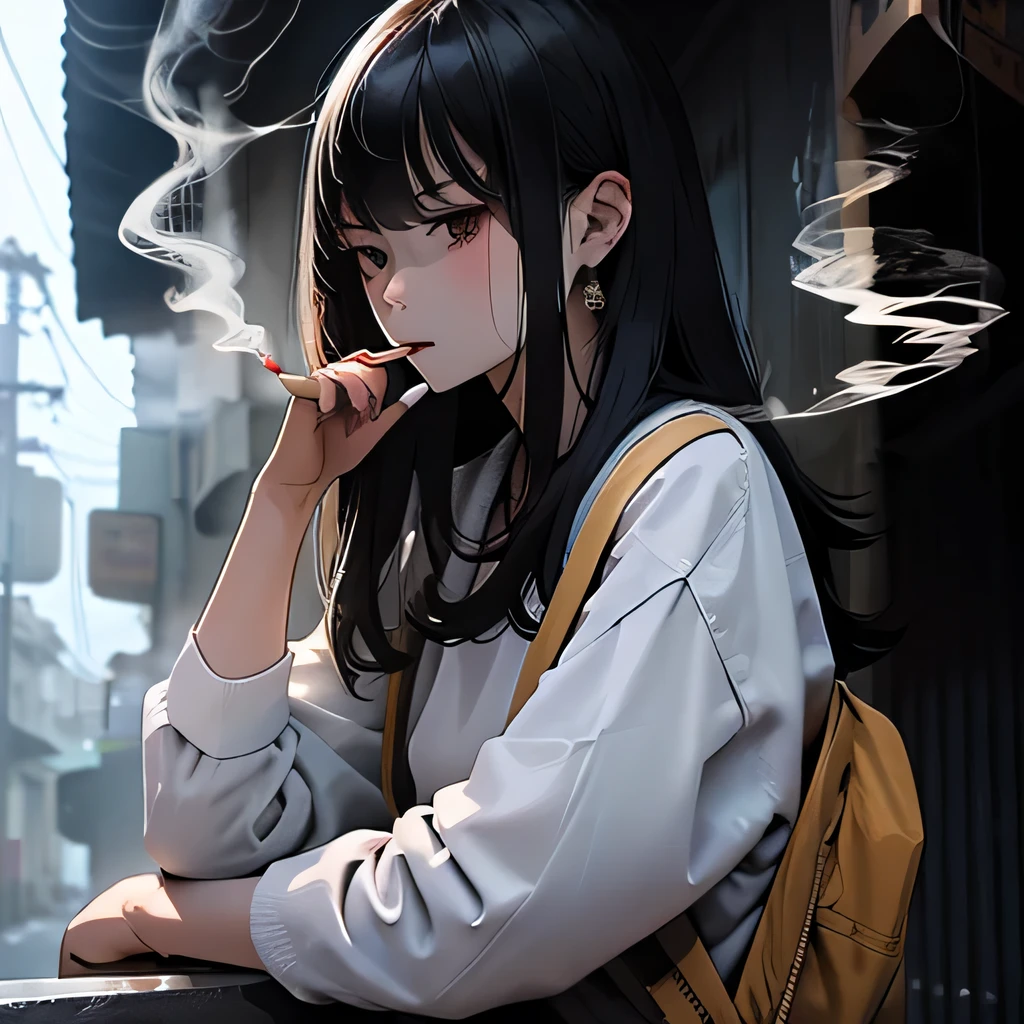 Student, uniform, smoking, white shirt, tie, rebel, slim, backpack, a lot of smoke, flat, black skirt, pretty face, beautiful, long hair, face focus, half closed eyes, relaxed, pale, asian eyes, straight hair, asian, puffy lips, lipgloss, pouty lips