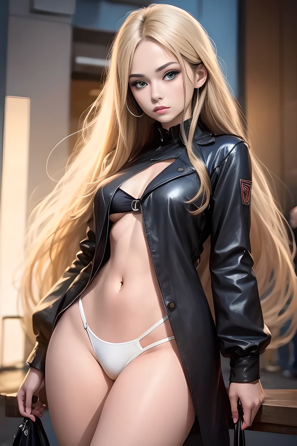 Blonde girl, long hair, blue eyes,