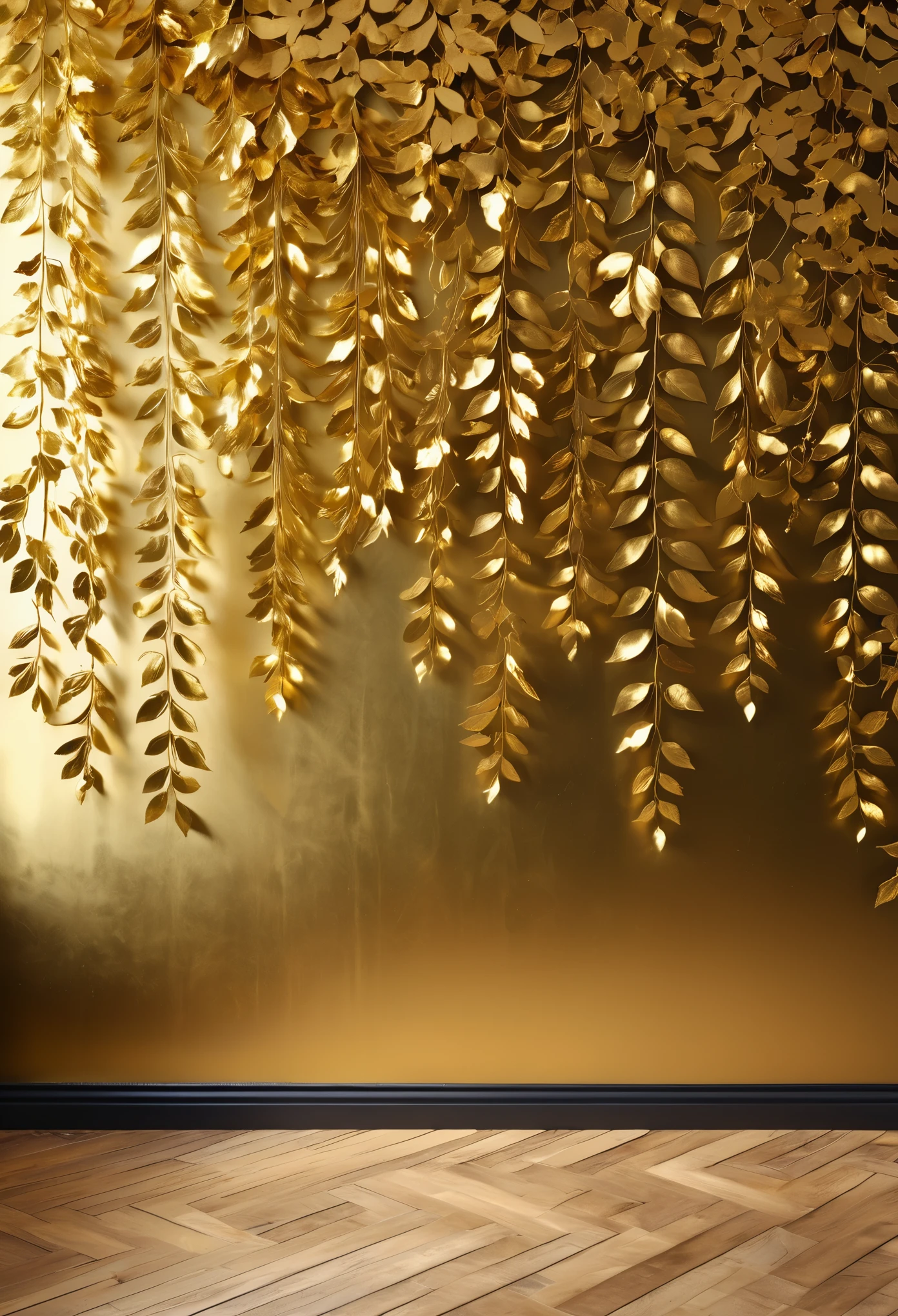 A wall painted in metallic gold with leaves, leaves hanging from the branches, leaf shadows on floor, elegant, luxurious, artistic, natureinspired, detailed foliage, natural lighting, high resolution, hyper realistic