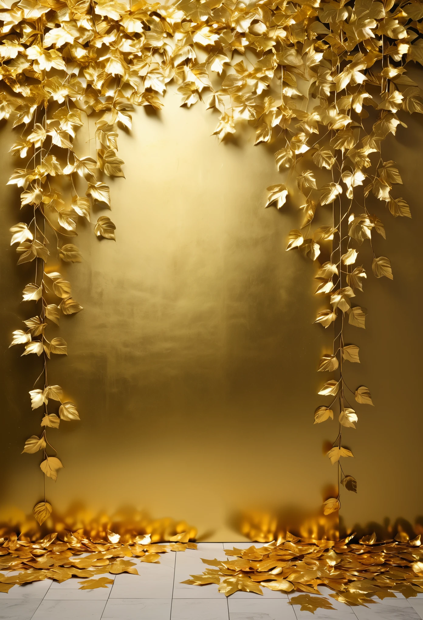 A wall painted in metallic gold with leaves, leaves hanging from the branches, leaf shadows on floor, elegant, luxurious, artistic, natureinspired, detailed foliage, natural lighting, high resolution, hyper realistic