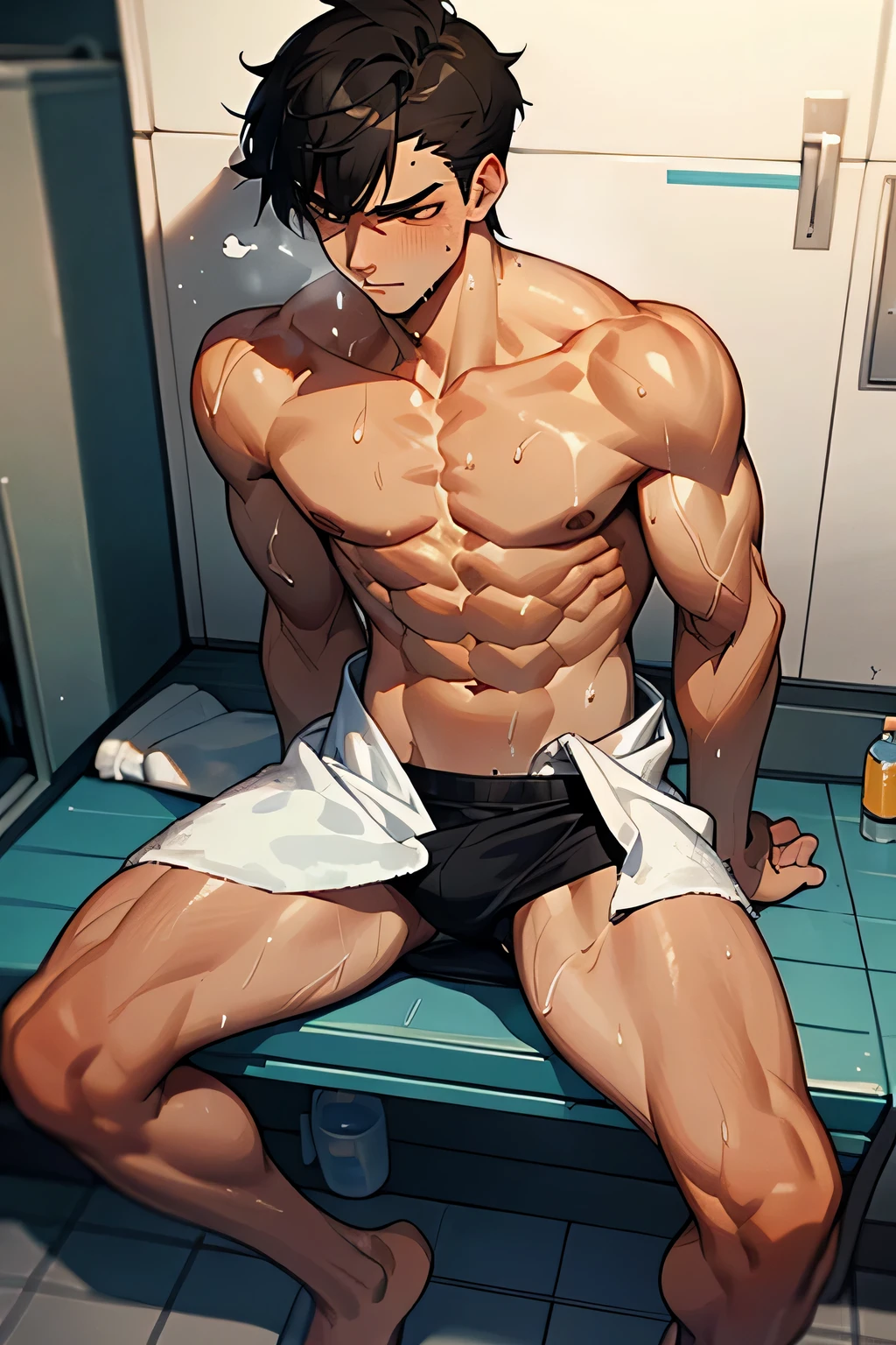 shirtless, super muscular, sweat-drenched body, dripping with sweat, 22-year old short black hair handsome caucasian male wearing a towel wrapped on the waist, barefoot, panting, sitting on the bench, very exhausted, drenched with sweat, towel, bottled water, in the locker room