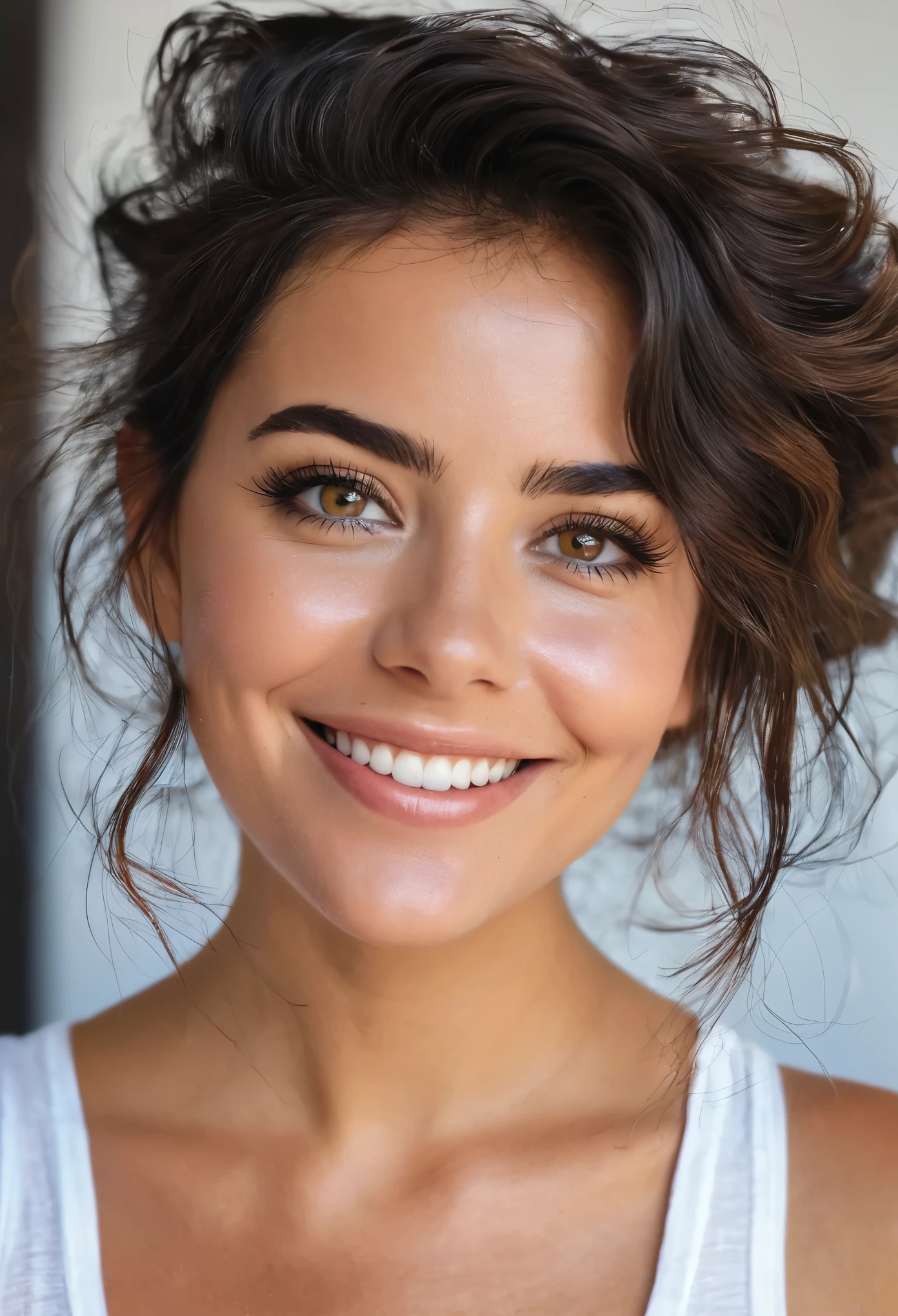 el cabello oscuro y rizado, ojos expresivos y una sonrisa contagiosa. Tu estilo es moderno y fresco, reflejando tu personalidad ,a warm and friendly look, lo cual refleja tu personalidad acogedora. Your photo conveys a feeling of joy and confidence, making it easy to connect with you.