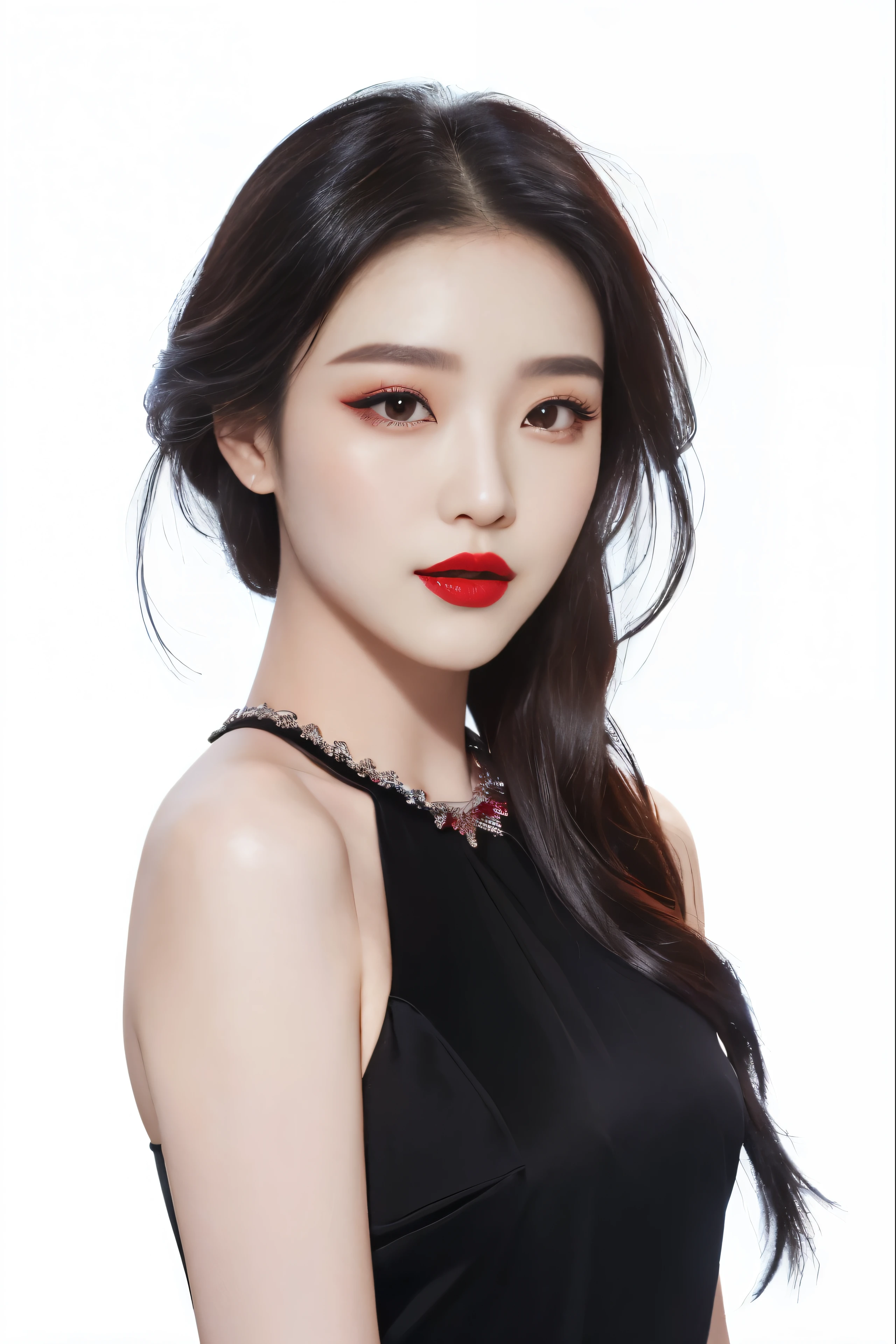 Close-up of a woman wearing red lipstick and a black dress, Korean popular makeup, Cui Xianhua, Li Zhien, Li Zhien, Korean popular makeup, Minami Zaiwa, Huang Shishi, Parking distance - minutes, Beautiful Korean woman, iu Li Zhien as a super villain, korean artist