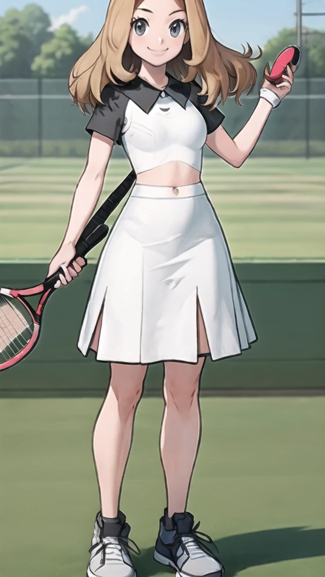 Setena wearing tennis clothes with short white skirt and holding tennis racket in her hand and smiling in the broad day light.(Full body)
