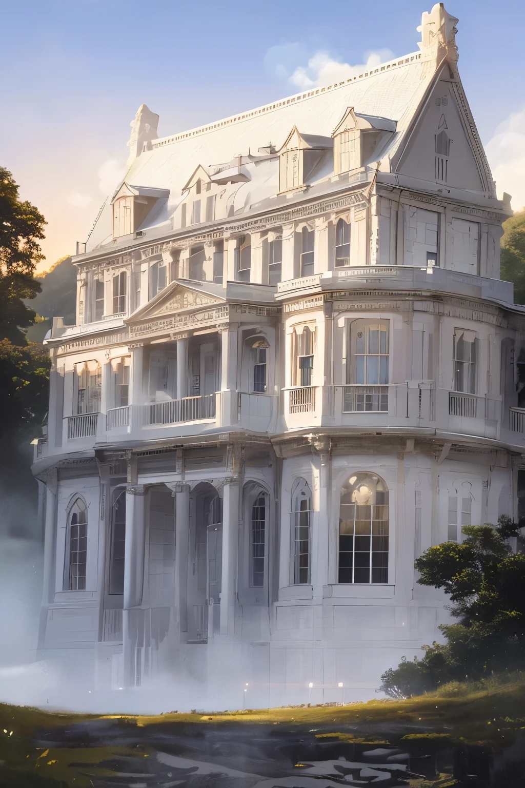 Amidst the scenic coastline, a magnificent white house perched atop a hill presents itself. The Steam-era architectural aesthetic is prominently displayed through its ornate details and intricate designs. The house, bathed in the soft glow of the setting sun, emanates an aura of elegance and grandeur. The gentle steam rising from the surrounding sea adds a touch of mystique and tranquility to the scene. The pristine white exterior, reflecting the golden hues of the sun, illuminates the secluded shoreline, transforming it into a captivating masterpiece.