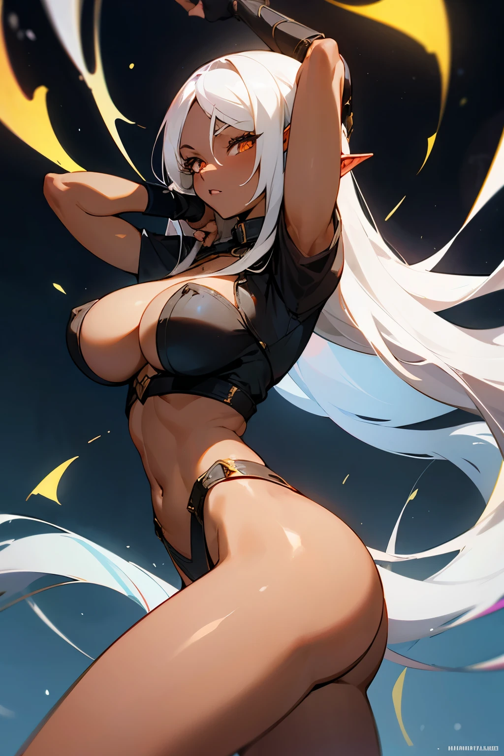 {anime girl} with straight long white hair, she has {{dark skin}}, she has pointy elf years and golden eyes, she has a curvy body with big breast and a big butt, she is wearing a very {skimpy fantasy outfit} that shows most of her skin, she is exposing her thighs, cleavage and midriff. she is not wearing any hat, her clothes cover her arms and legs, she is wearing fingerless gloves, all of her clothes is skintight