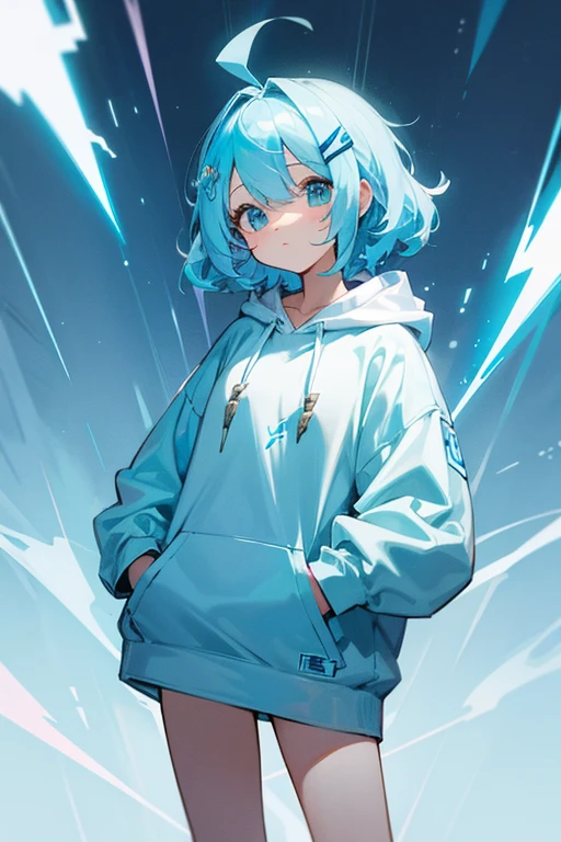 cute、Thunder Hairpin、cute、light blue hair、3×3、A loose hoodie with a lightning motif、Short van、