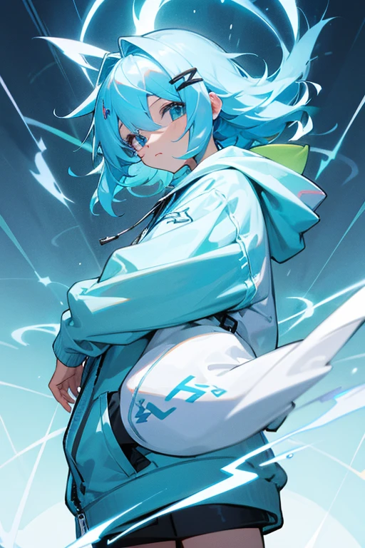 cute、Thunder Hairpin、cute、light blue hair、3×3、A loose hoodie with a lightning motif、Short van、