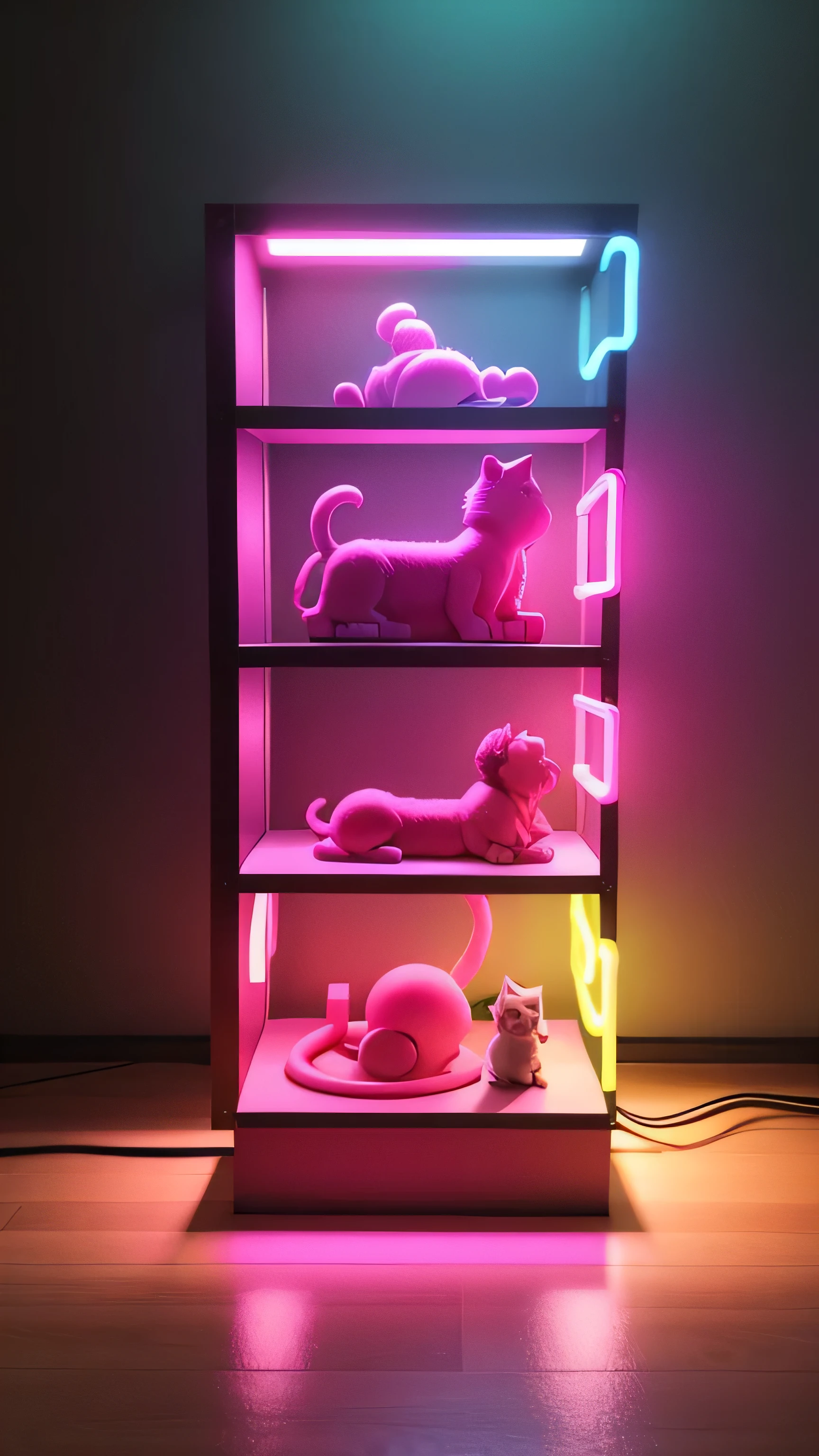 kong toy shelf with neon light, toy cat, pink neon color, 8k