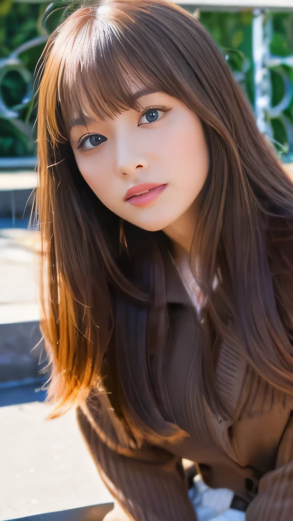 Best quality, 8k, ,Masterpiece :1.3)), facing viewer,((full body1.2)) ,pretty woman, wide shot ,1girl, , selfie , ,, Bridge , brown hair , bangs,ultra-detailed face, highly detailed lips, detailed eyes, double eyelid