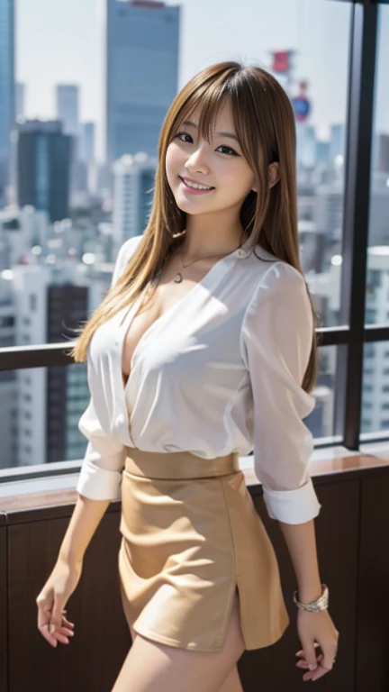 sexy big breasts,Sexy cute looks and cute beautiful girl, Beautiful and sexy face,Beautiful blonde with cute long straight hair, Sexy eyes hidden behind long bangs,slightly dark skin,Slightly droopy eyes,((Tokyo cityscape)),Go to lunch with a colleague,Scenery with multiple people,emphasize the buttocks,emphasize the chest ,white blouse,short skirt,Heading to a restaurant,smile,Walking with colleagues