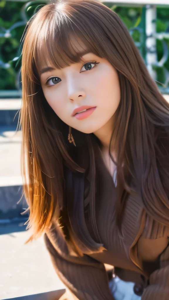 Best quality, 8k, ,Masterpiece :1.3)), facing viewer,((full body1.2)) ,pretty woman, wide shot ,1girl, , selfie , ,, Bridge , brown hair , bangs,ultra-detailed face, highly detailed lips, detailed eyes, double eyelid