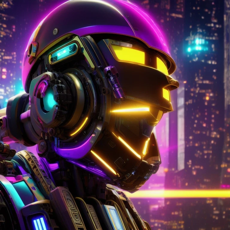 （（（Side view）））side close-up，a close up of a robot with a glowing head and a purple background, cyber mech, in style of beeple, cyberpunk pikachu, style hybrid mix of beeple, 3 d render beeple, cute elaborate epic robot, beeple masterpiece, cyberpunk art style, yellow mech, beeple!!, cyber steampunk 8 k 3 d（（（future）））（Telephoto angle of view）（Tilt-Shift）