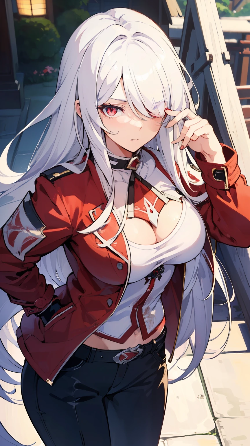 (best quality:1.3), (masterpiece:1.3), (illustration:1.3), (ultra-detailed:1.3), (mid shot:0.9), 1girl, white hair, (((large breasts))), red eye, long hair, ((hair over one eye)), serious expression, ((red jacket)), long sleeves, open clothes, long pants, mature, 30 years old, outdoors, alpha, Japan, Japanese, standing,