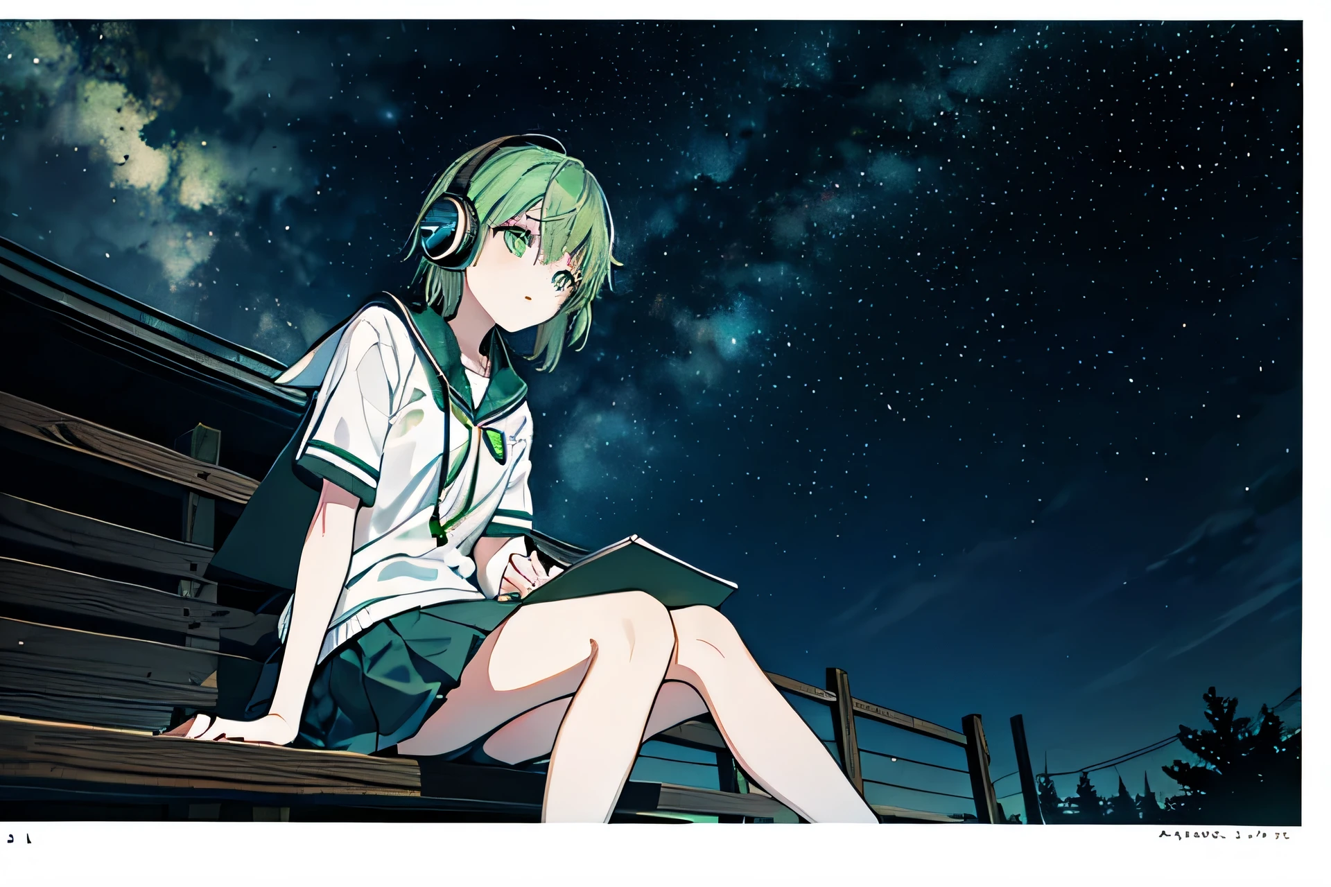 Green hair, alone, girl, junior high school student, starry sky, midnight, wearing headphones, sitting