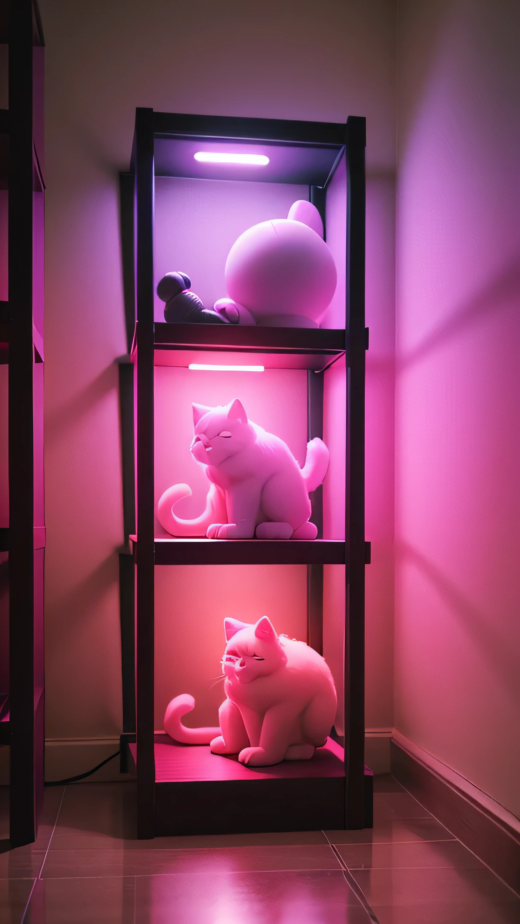kong toy shelf with neon light, toy cat, pink neon color, 8k