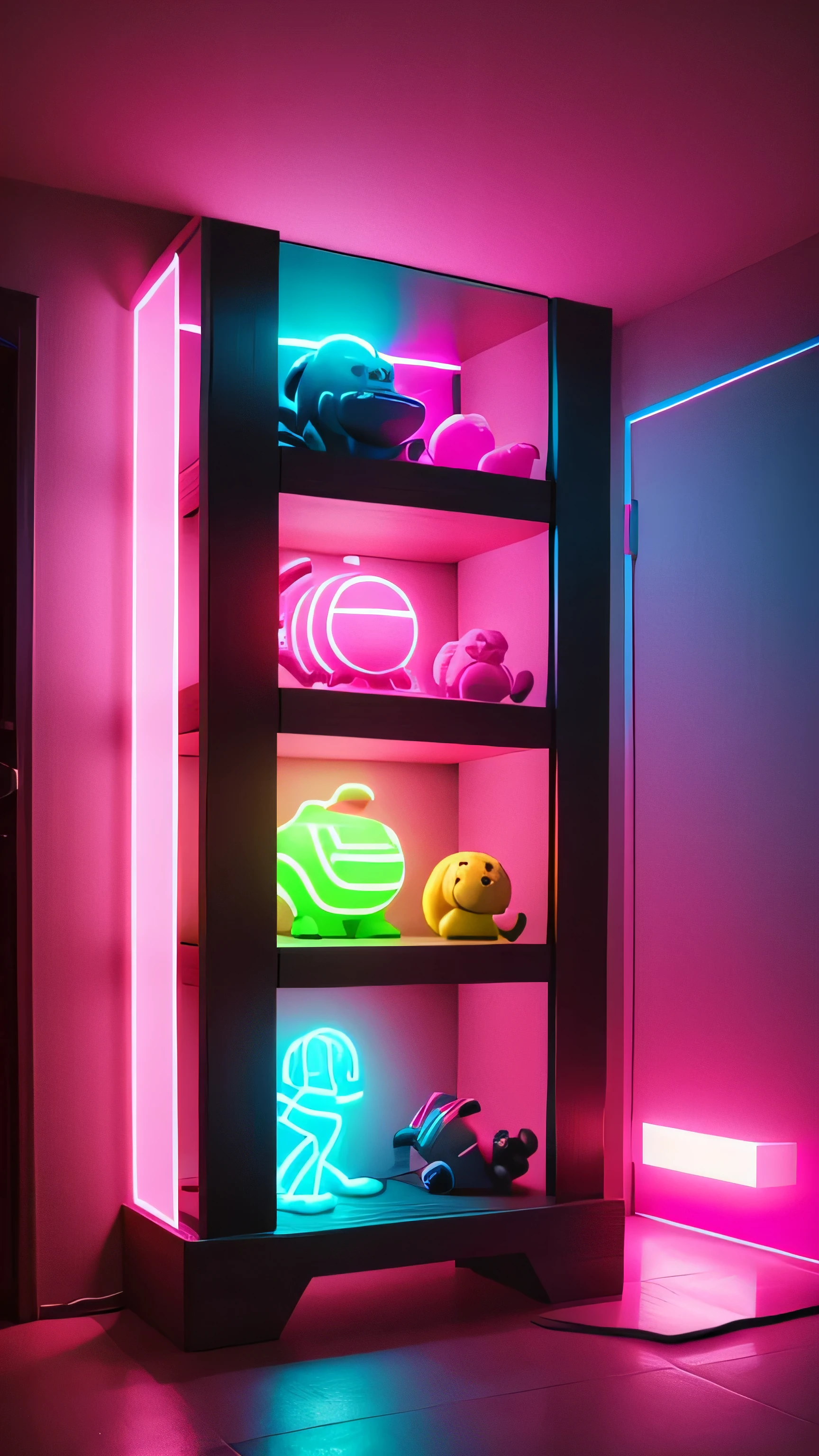 kong toy shelf with neon light, toy, pink neon color, 8k