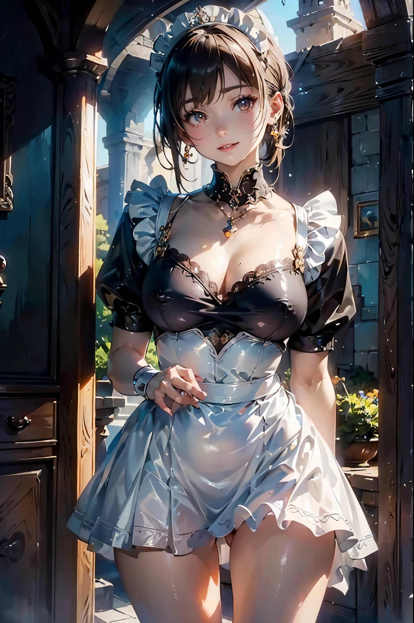 (masterpiece:1.3, top quality), ultra high resolution, Super detailed, (actual, photoactual:1.4), Beautiful illustration, perfect lighting, rich and colorful, depth of field, ,
looking at the audience, (Face focus, Upper body), 1 girl, alone, high school girls, , (Big breasts:0.8, big ass, seductive thighs, Dentate skin),
, shiny skin,
beautiful hair, pretty face, extremely detailed face, Beautiful and delicate eyes, Beautiful collarbone, Beautiful body, Beautiful, beautiful thighs, beautiful legs, beautiful fingers,
(Beautiful scenery), daytime, (outdoor),
((Detailed cloth texture, Miniskirt maid, Maid tiara, Raise your legs high)), garnet necklace,
,, (cute smile, Upper eyes, Open your small mouth), ((huge tits))