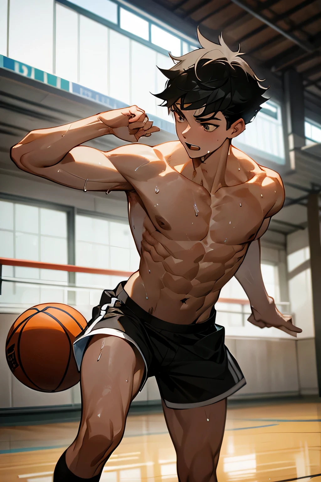 shirtless, super muscular, sweat-drenched body, dripping with sweat, 22-year old short black hair handsome caucasian male wearing basketball shorts and rubber shoes, playing basketball, panting, in the indoor basketball court 
